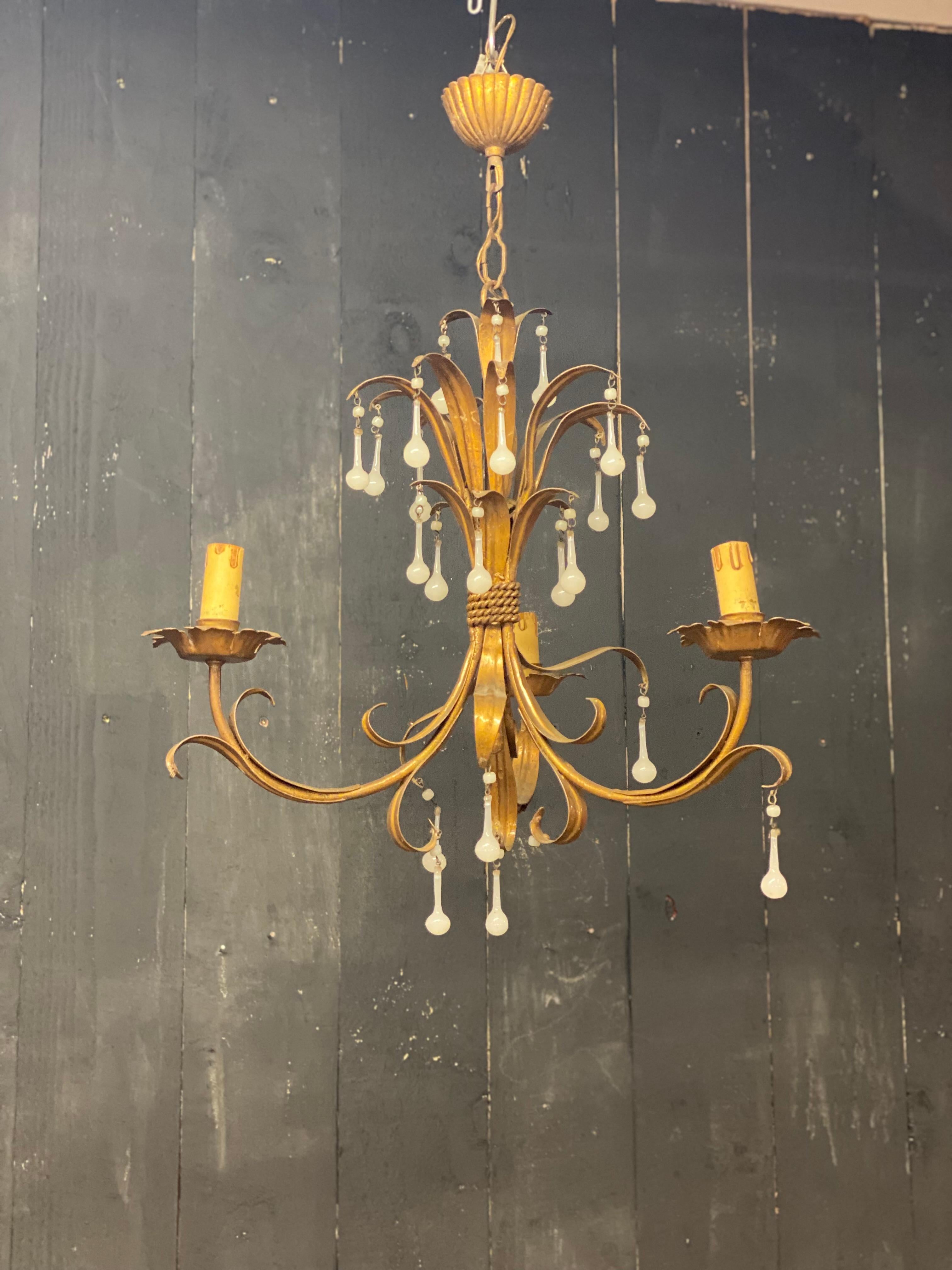 Romantic Charming Chandelier in Gilded Iron, Opaline Pendants, circa 1950 For Sale