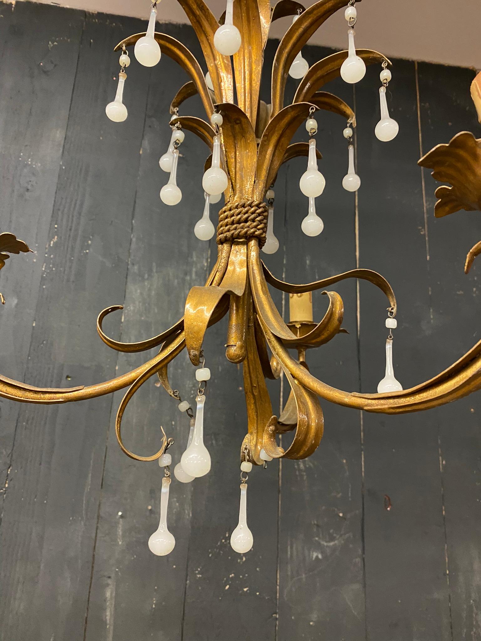 Gilt Charming Chandelier in Gilded Iron, Opaline Pendants, circa 1950 For Sale