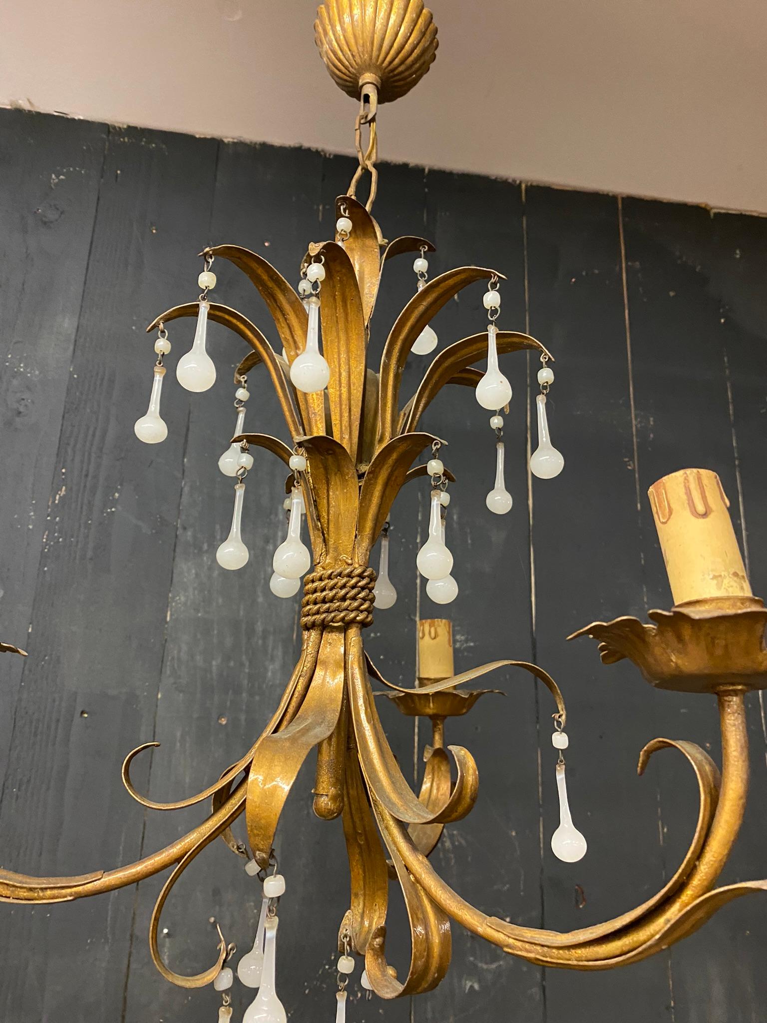 Charming Chandelier in Gilded Iron, Opaline Pendants, circa 1950 In Good Condition For Sale In Saint-Ouen, FR