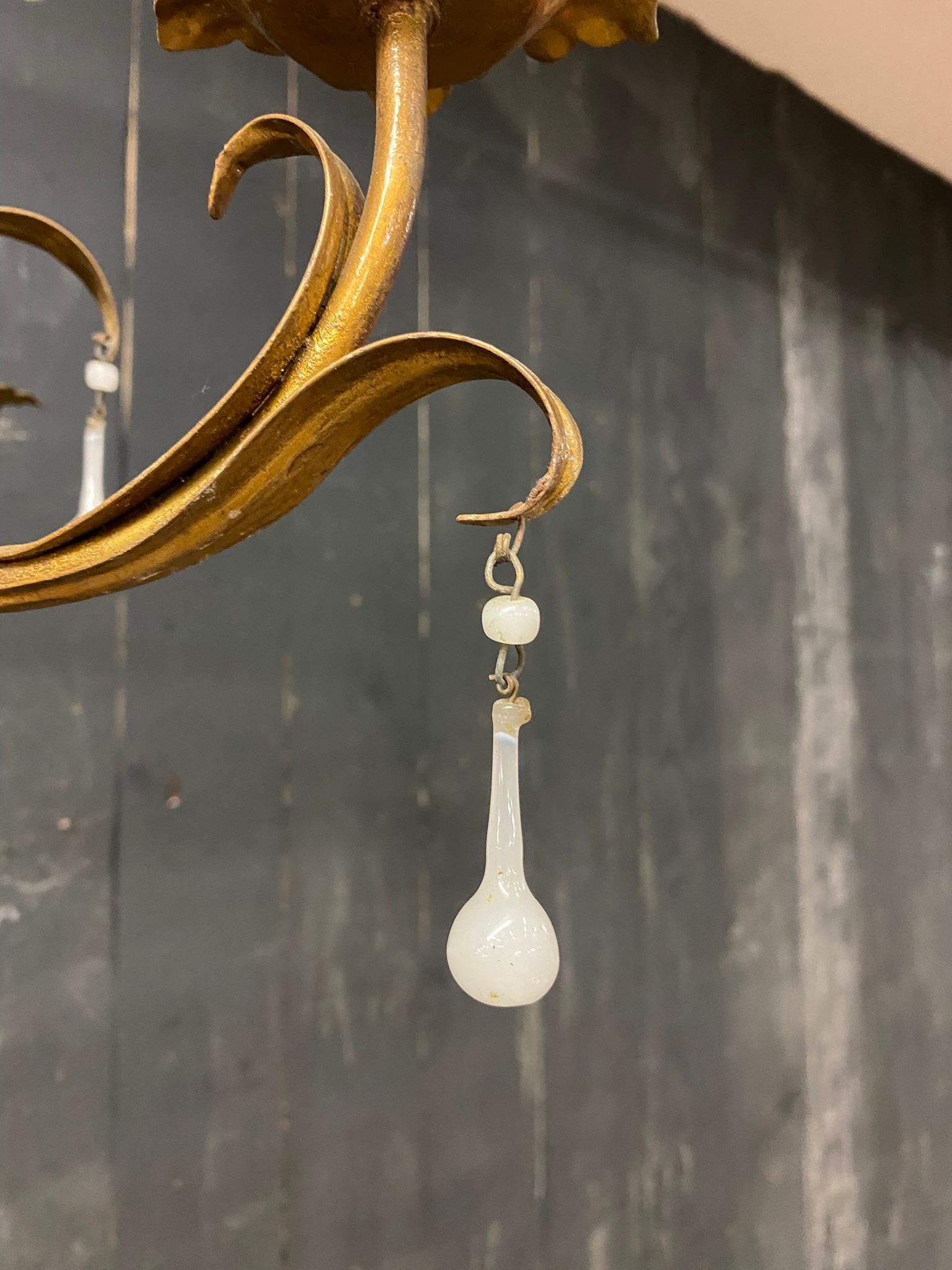 Mid-20th Century Charming Chandelier in Gilded Iron, Opaline Pendants, circa 1950 For Sale