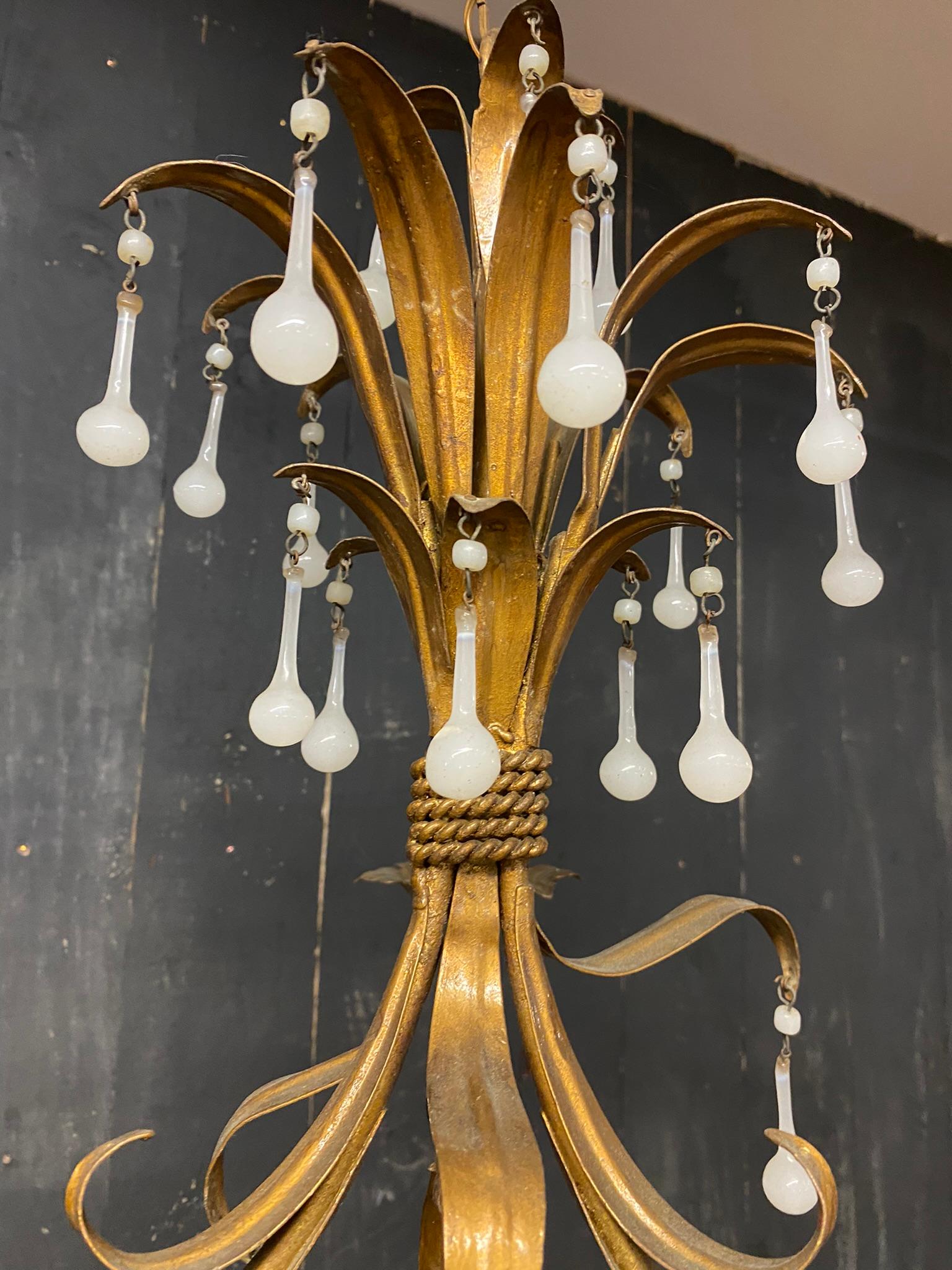 Opaline Glass Charming Chandelier in Gilded Iron, Opaline Pendants, circa 1950 For Sale
