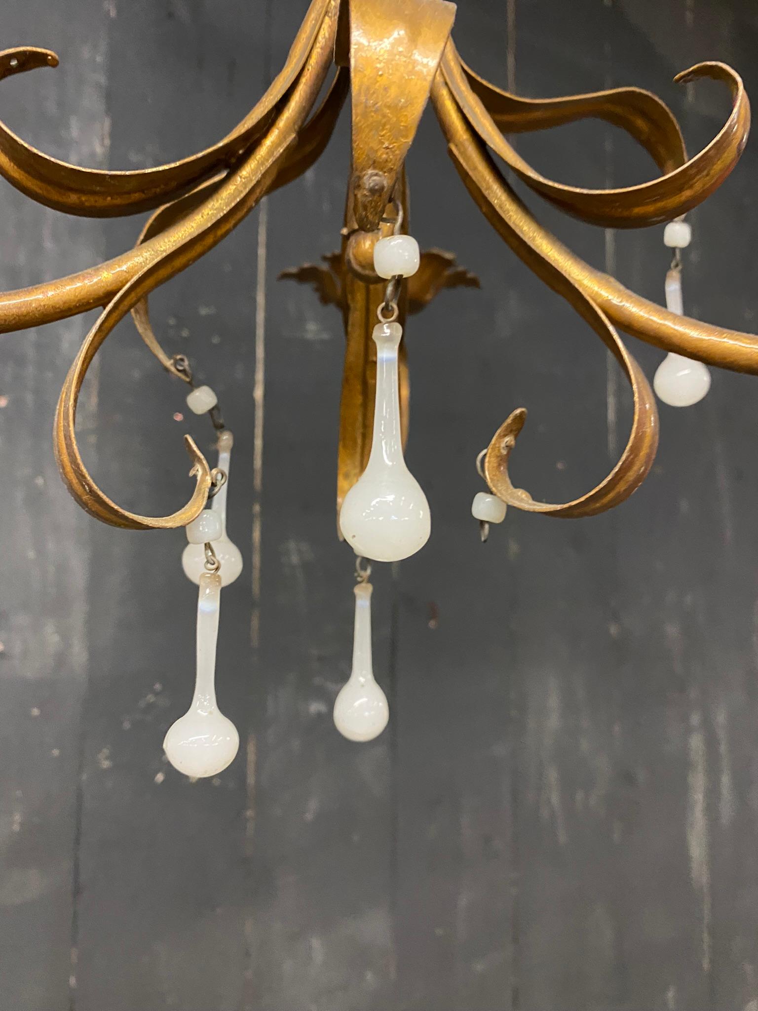 Charming Chandelier in Gilded Iron, Opaline Pendants, circa 1950 For Sale 1