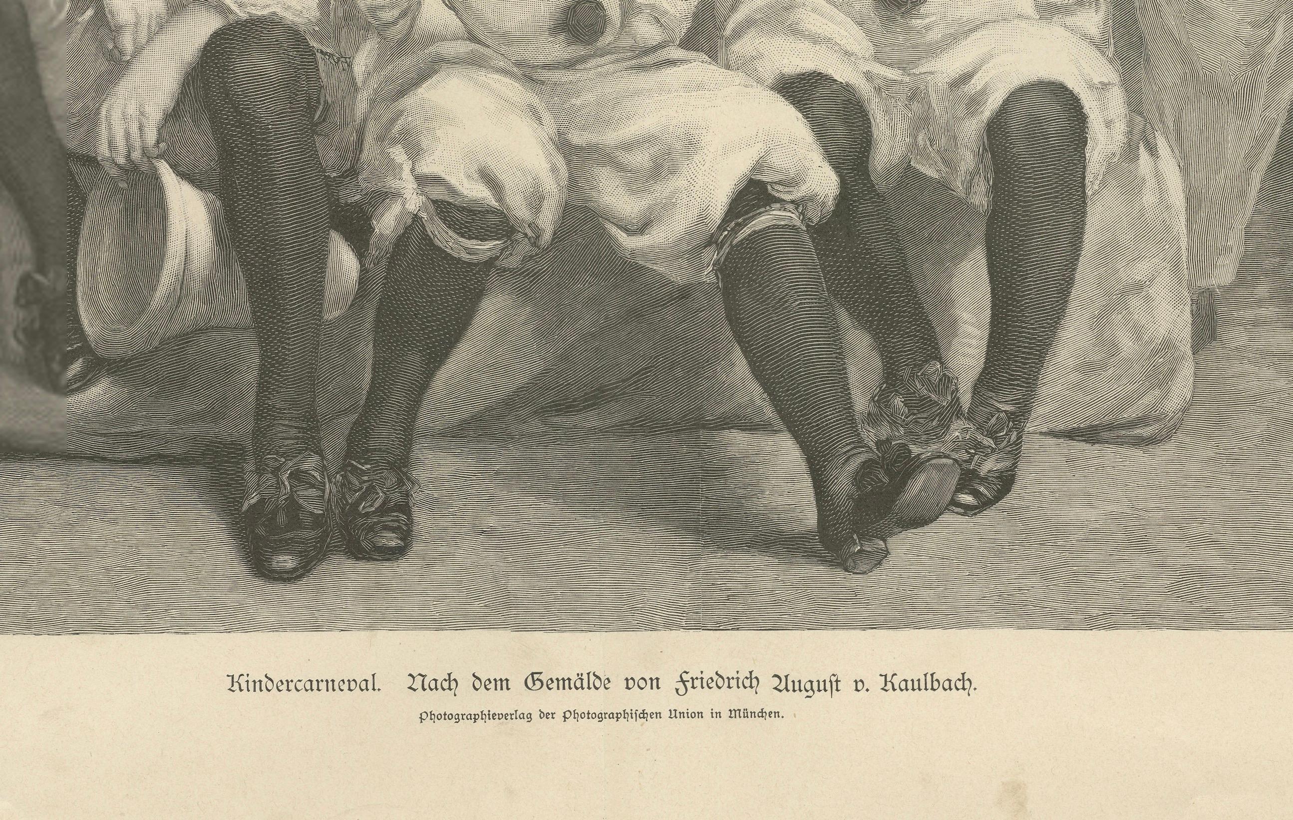 Titre :
Charmante scène de carnaval pour enfants - D'après Friedrich August von Kaulbach, c. 1900

Description :
Cette lithographie captivante représente un groupe de jeunes enfants déguisés en clowns joyeux, se reposant brièvement de leurs