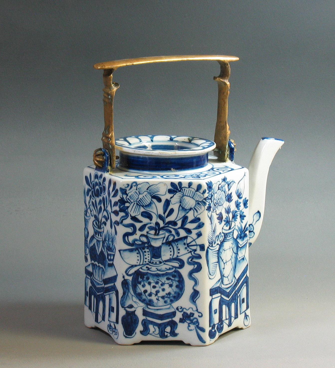 blue and white tea kettle