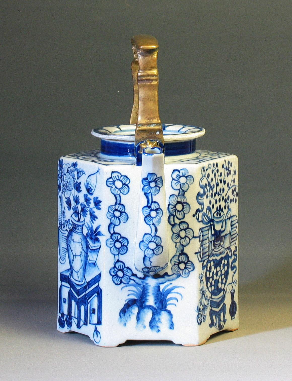 Hand-Crafted Charming Chinese Export Hexagonal Blue & White Teapot with Brass Handle & Tray