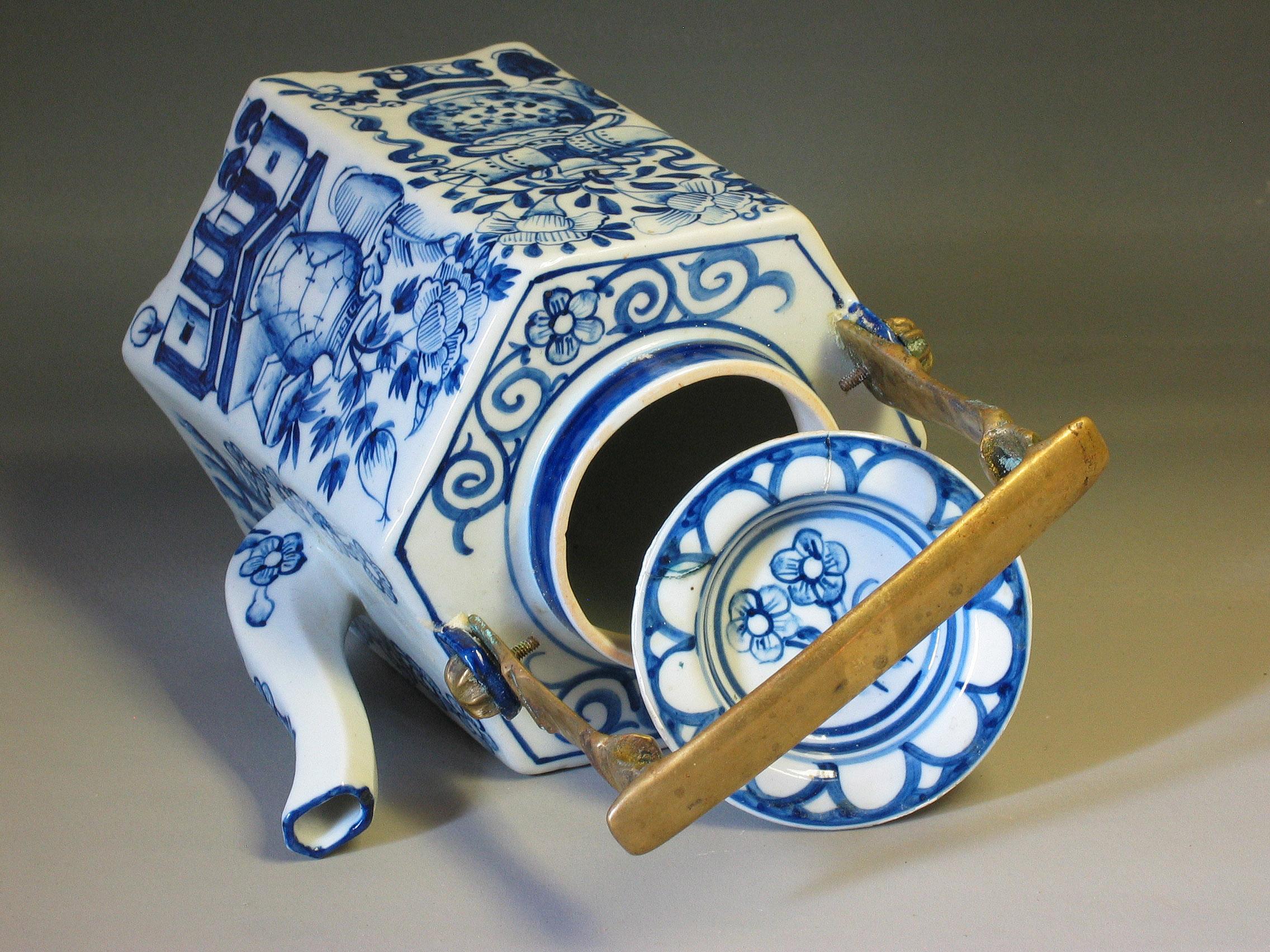 19th Century Charming Chinese Export Hexagonal Blue & White Teapot with Brass Handle & Tray