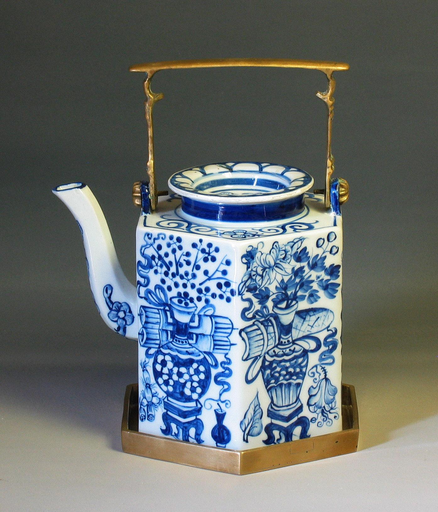 Porcelain Charming Chinese Export Hexagonal Blue & White Teapot with Brass Handle & Tray