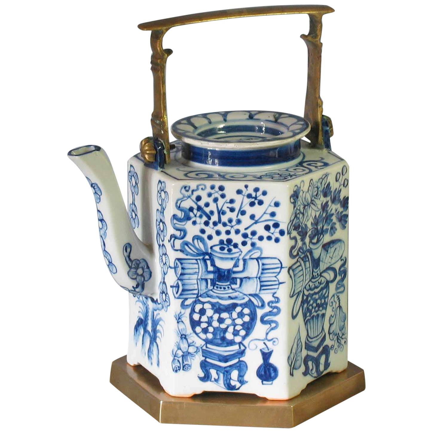 Charming Chinese Export Hexagonal Blue & White Teapot with Brass Handle & Tray