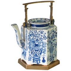 Antique Charming Chinese Export Hexagonal Blue & White Teapot with Brass Handle & Tray