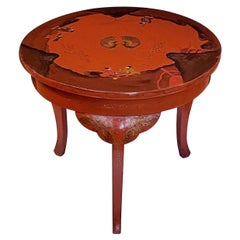 Charming Chinese Red-Lacquered Circular Tripod Side/Drinks Table
