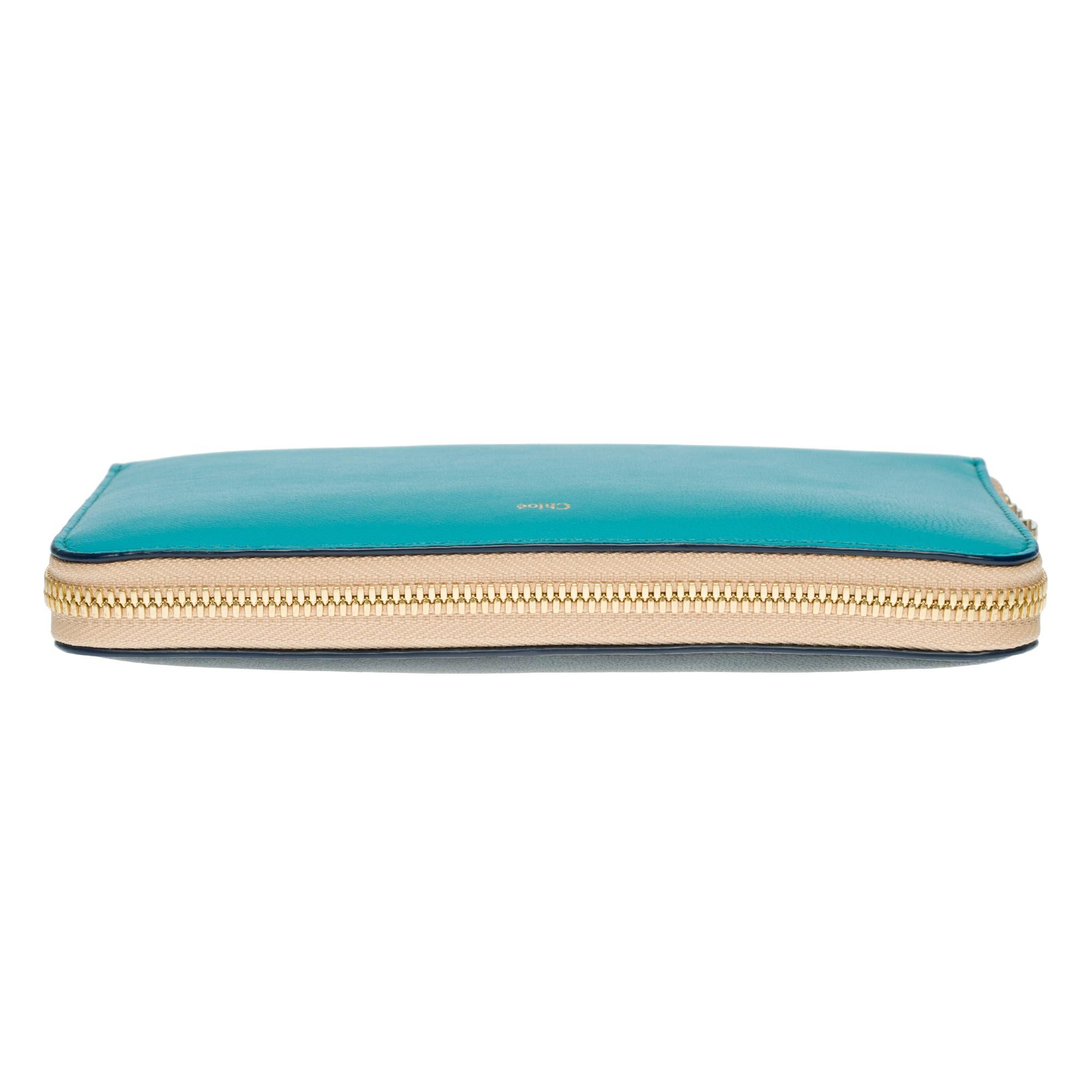 Charming Chloé bicolor wallet in turquoise and black leather with gold hardware 3