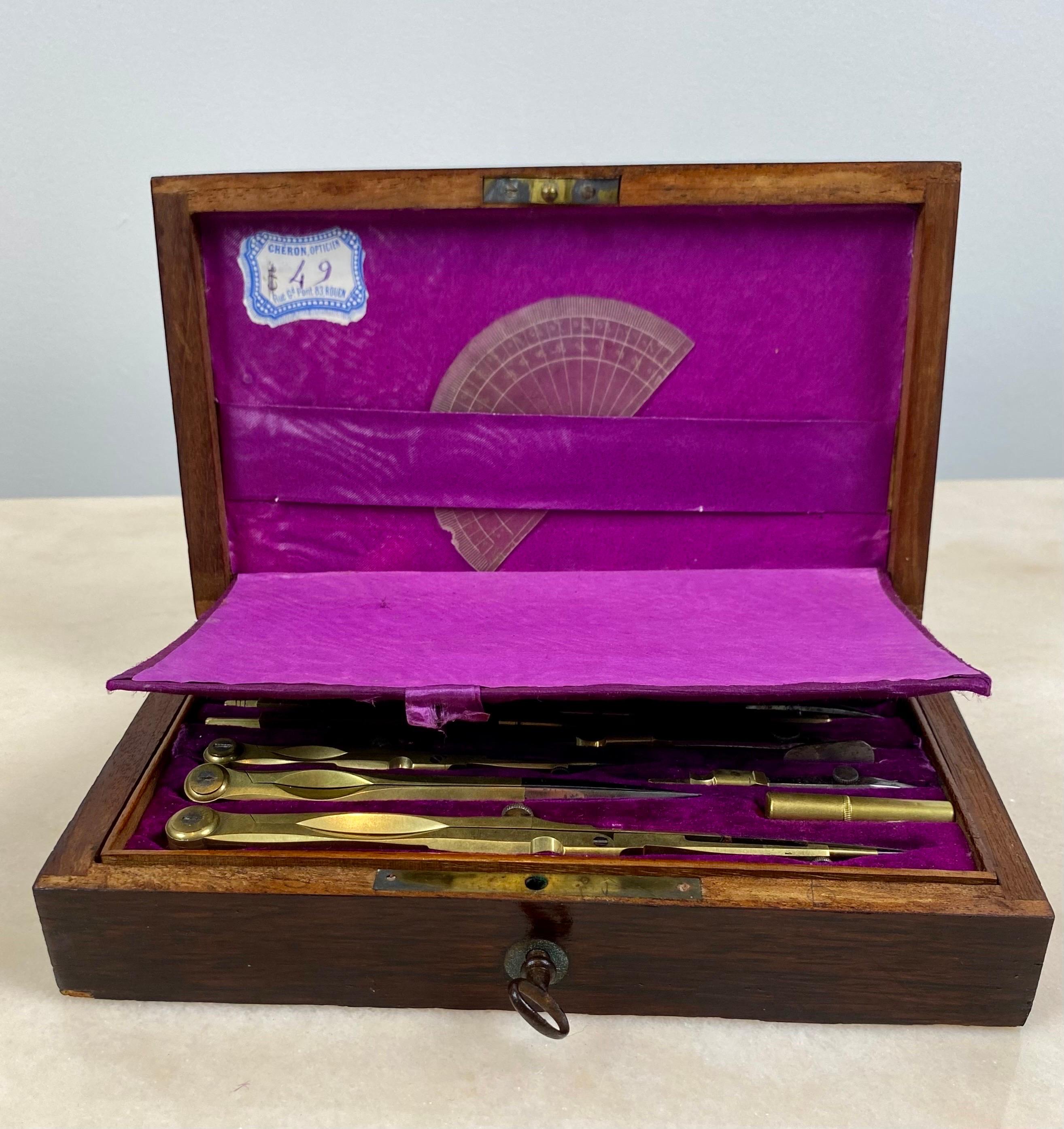 French Compass and Accessories Box Complete with Key, circa France, 1920 For Sale
