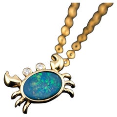Charming Crab Australian Doublet Opal with Diamond Eyes in 18K Yellow Gold