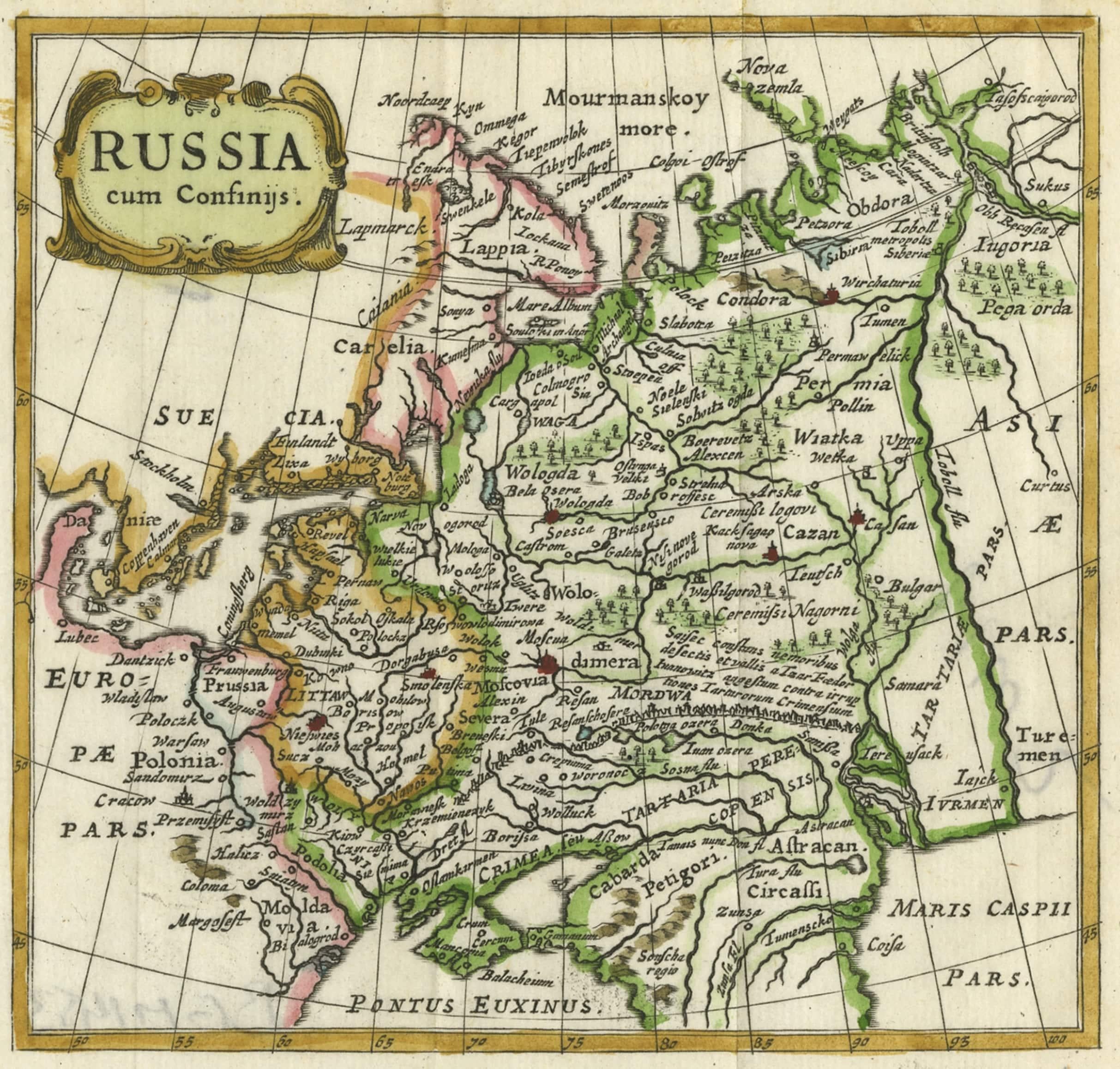 Charmante carte décorative miniature de Russie, tirée d'un Atlas de poche ancienne, 1685 Bon état - En vente à Langweer, NL