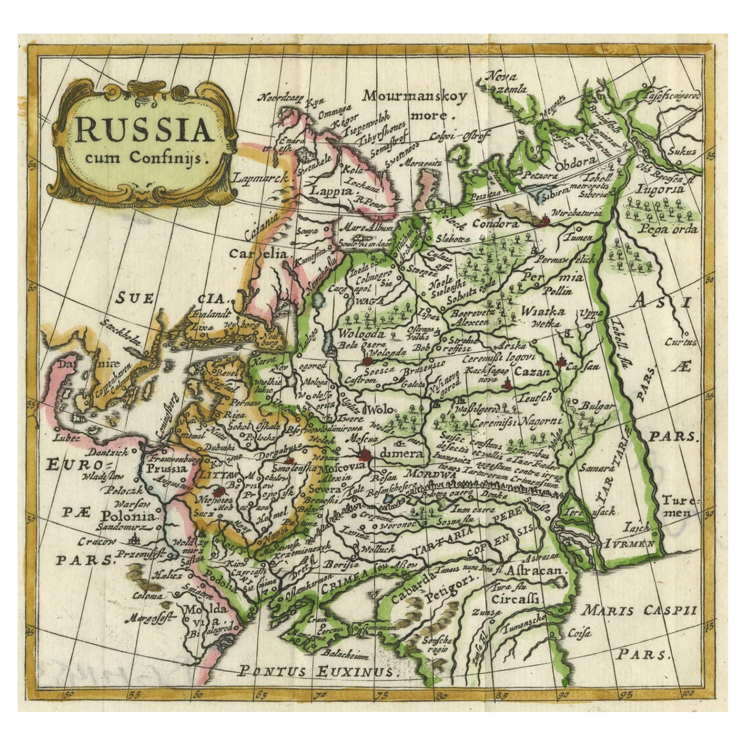 Charming Decorative Miniature Map of Russia, from an Old Pocket Atlas, 1685 For Sale