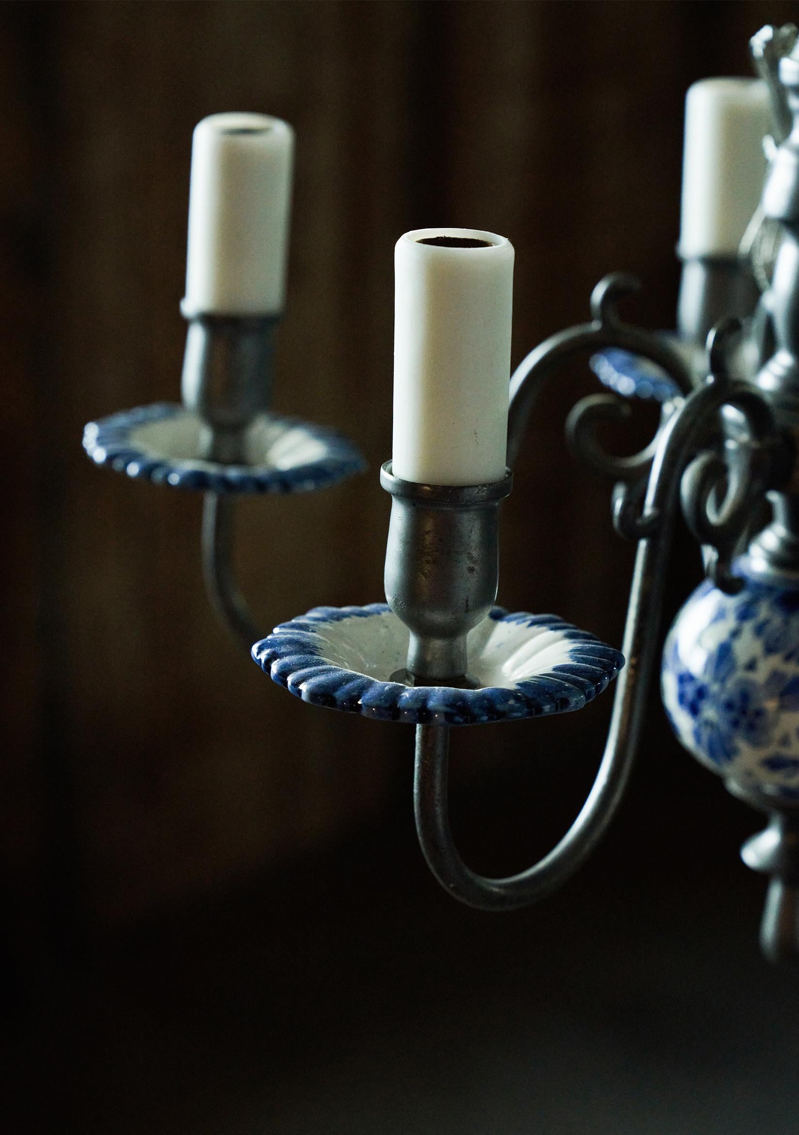 Dutch Colonial Charming Delft and Pewter Small Chandelier