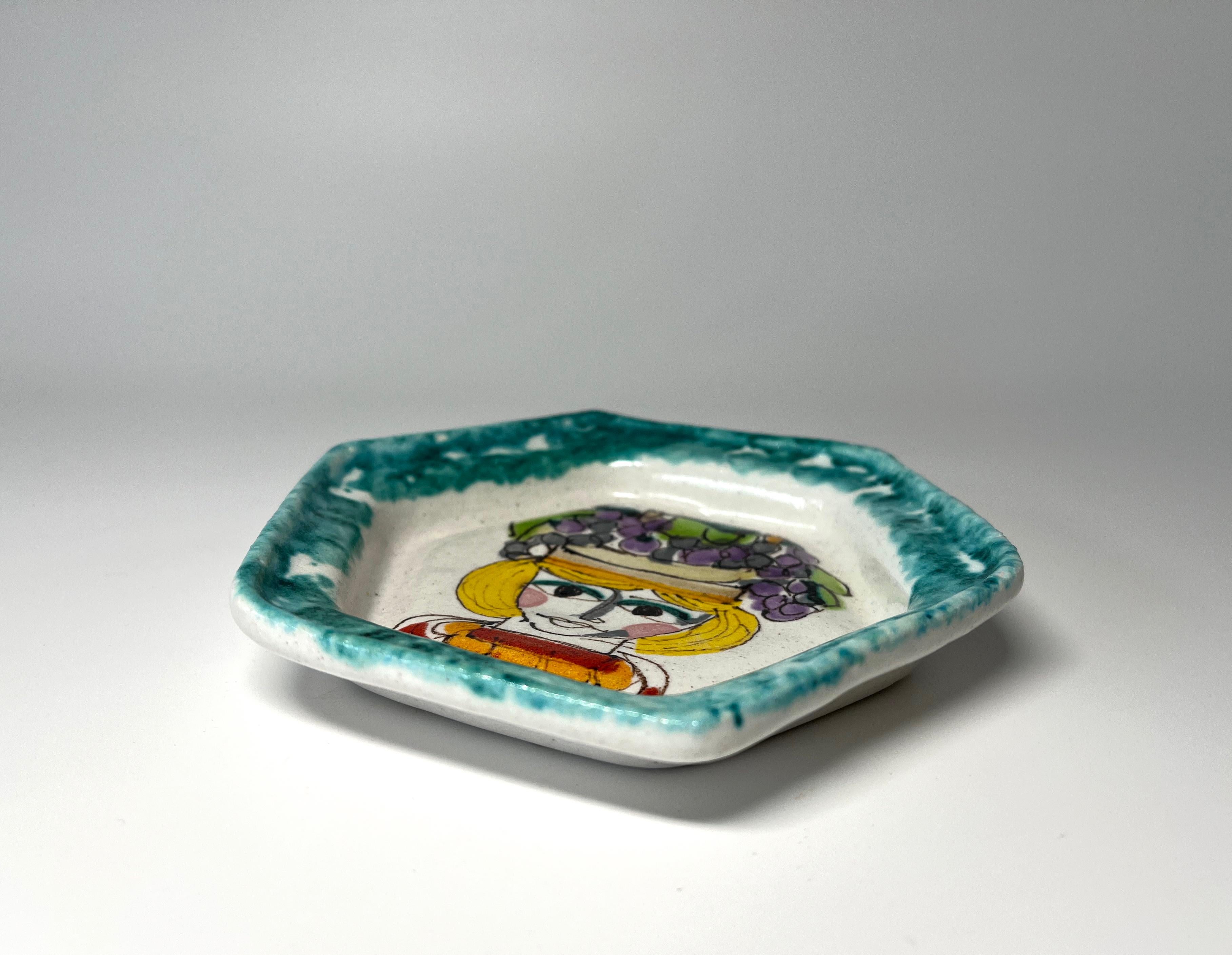 Italian Charming DeSimone, Italy, Small Hexagonal Ceramic Plate c1960 For Sale