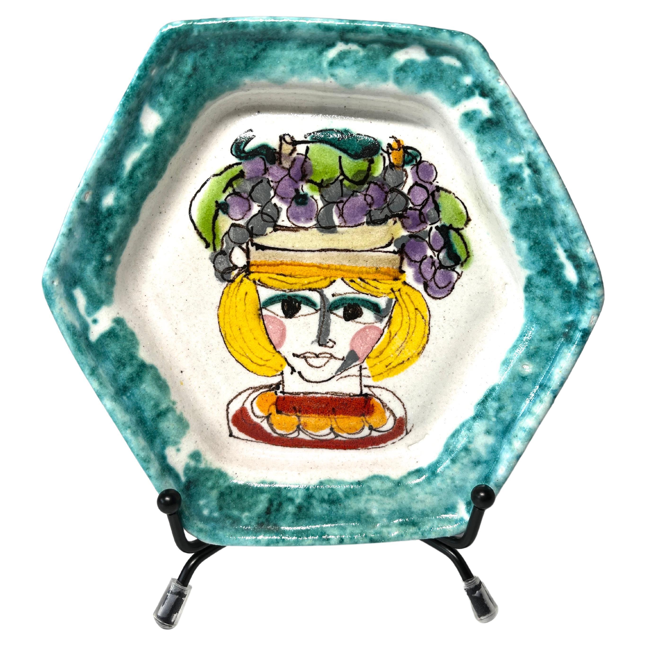 Charming DeSimone, Italy, Small Hexagonal Ceramic Plate c1960 For Sale