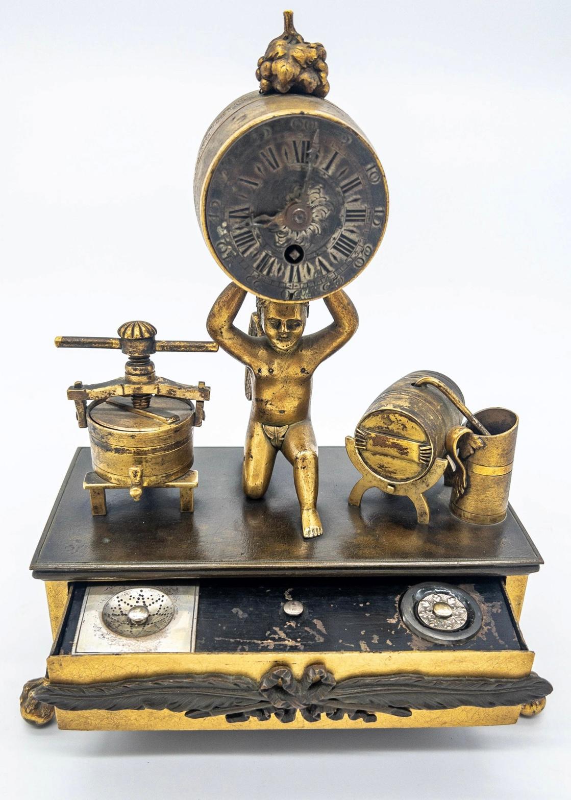 Gilt Charming Desk Clock, Vintner Theme, C 1850 For Sale