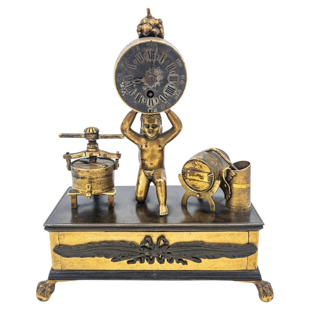 Charming Desk Clock, Vintner Theme, C 1850 For Sale