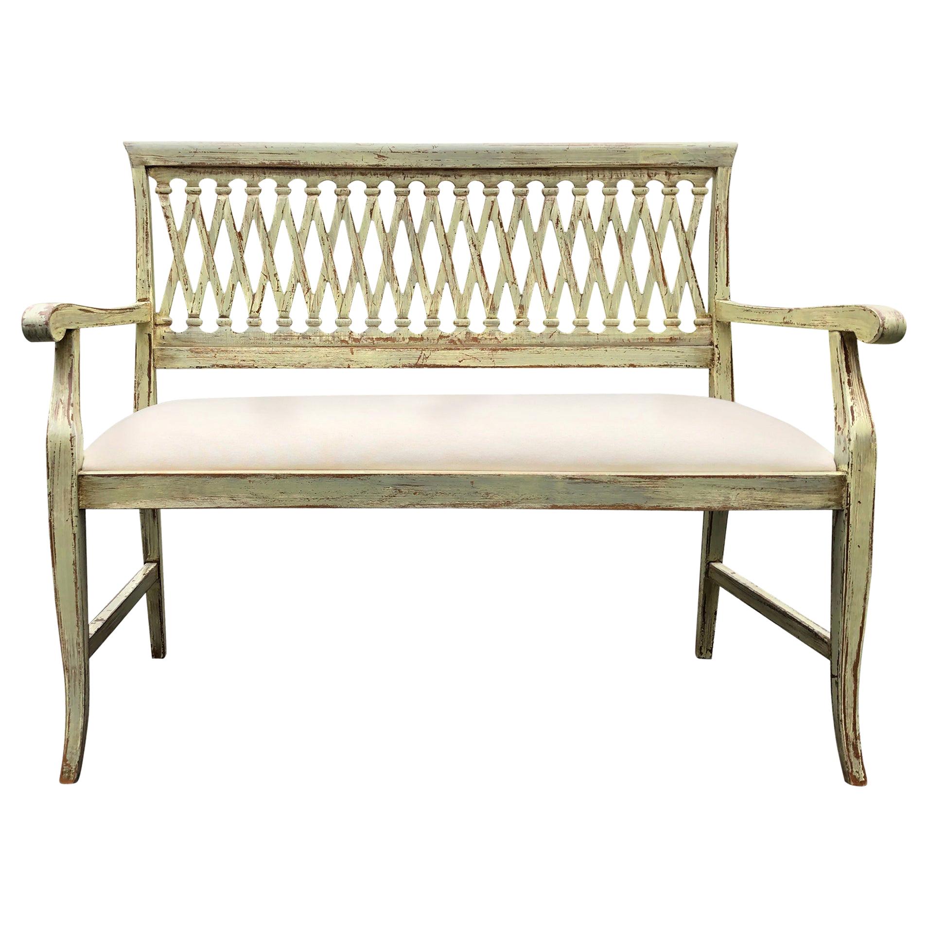 Charming Distressed Painted Bench with Lattice Style Back