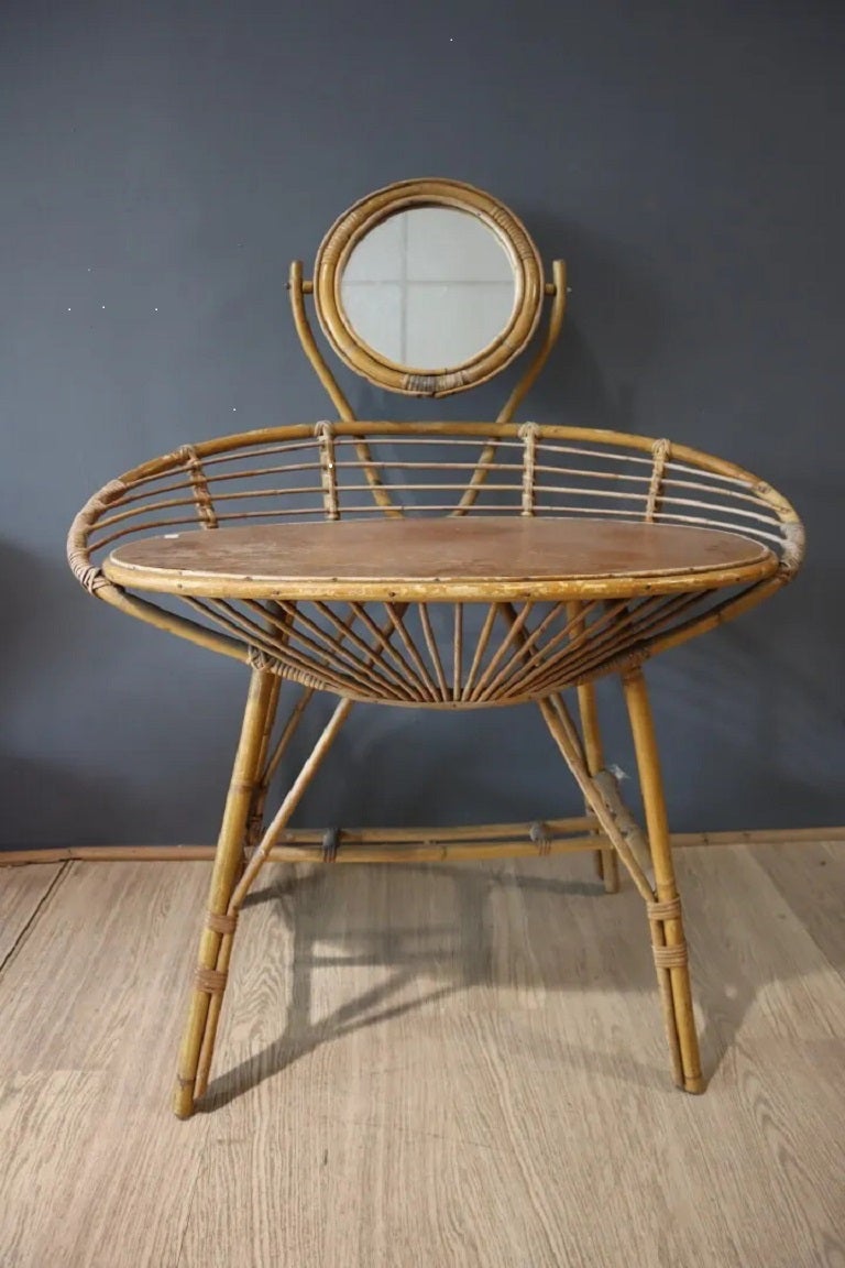 Charming dressing table or Console in Bamboo and Wood in the style of  Louis Sognot circa 1950