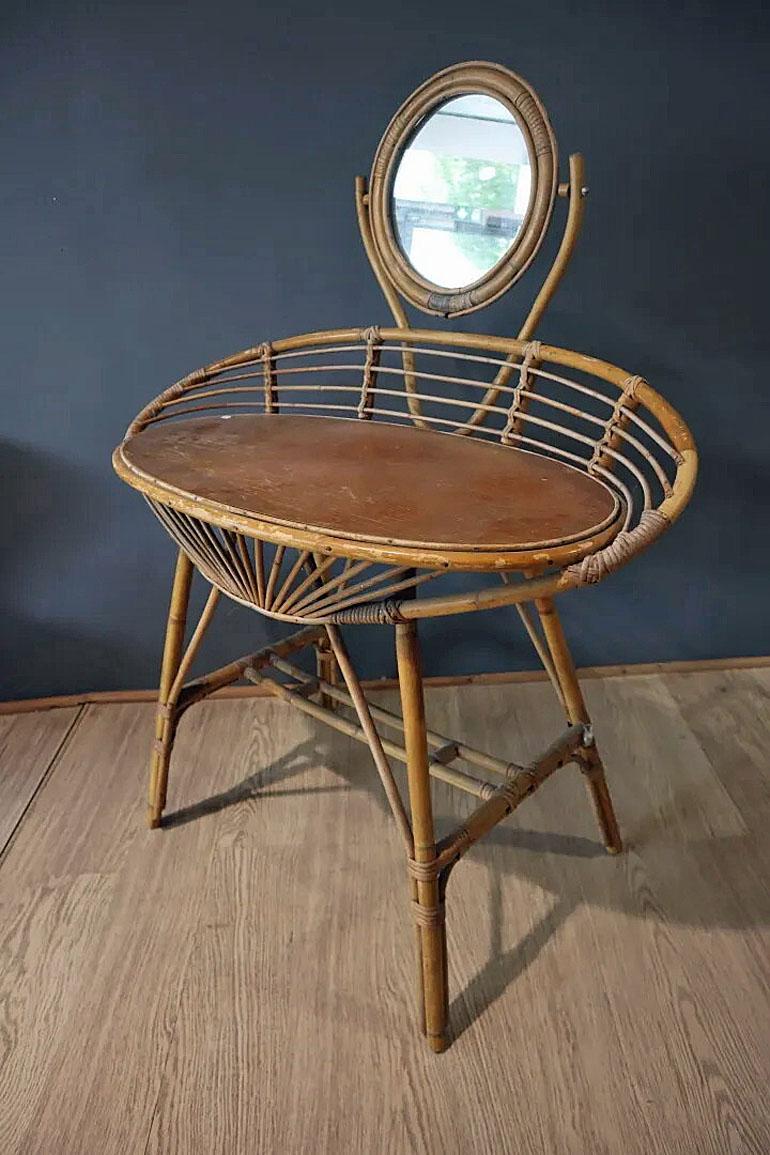 French Charming dressing table or Console in Bamboo and Wood circa 1950 For Sale