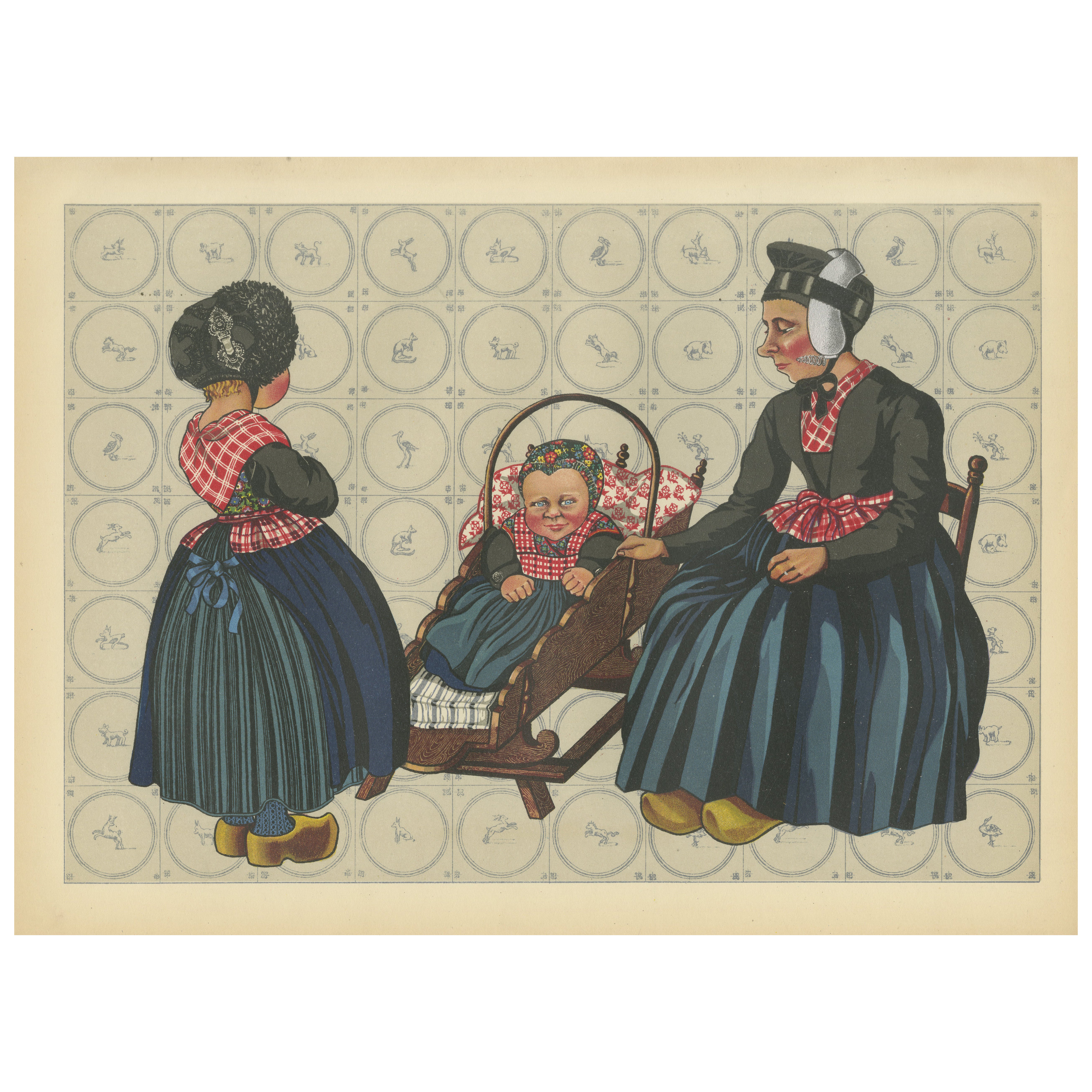 Charmanter niederländischer Volkskunstdruck mit Staphorst-Mutter und Kindern in Kostüm, 1932