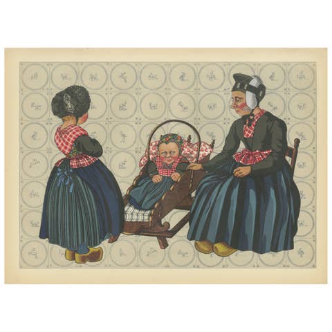 Charming Dutch Folk Art Print of Staphorst Mother and Children in Costume, 1932