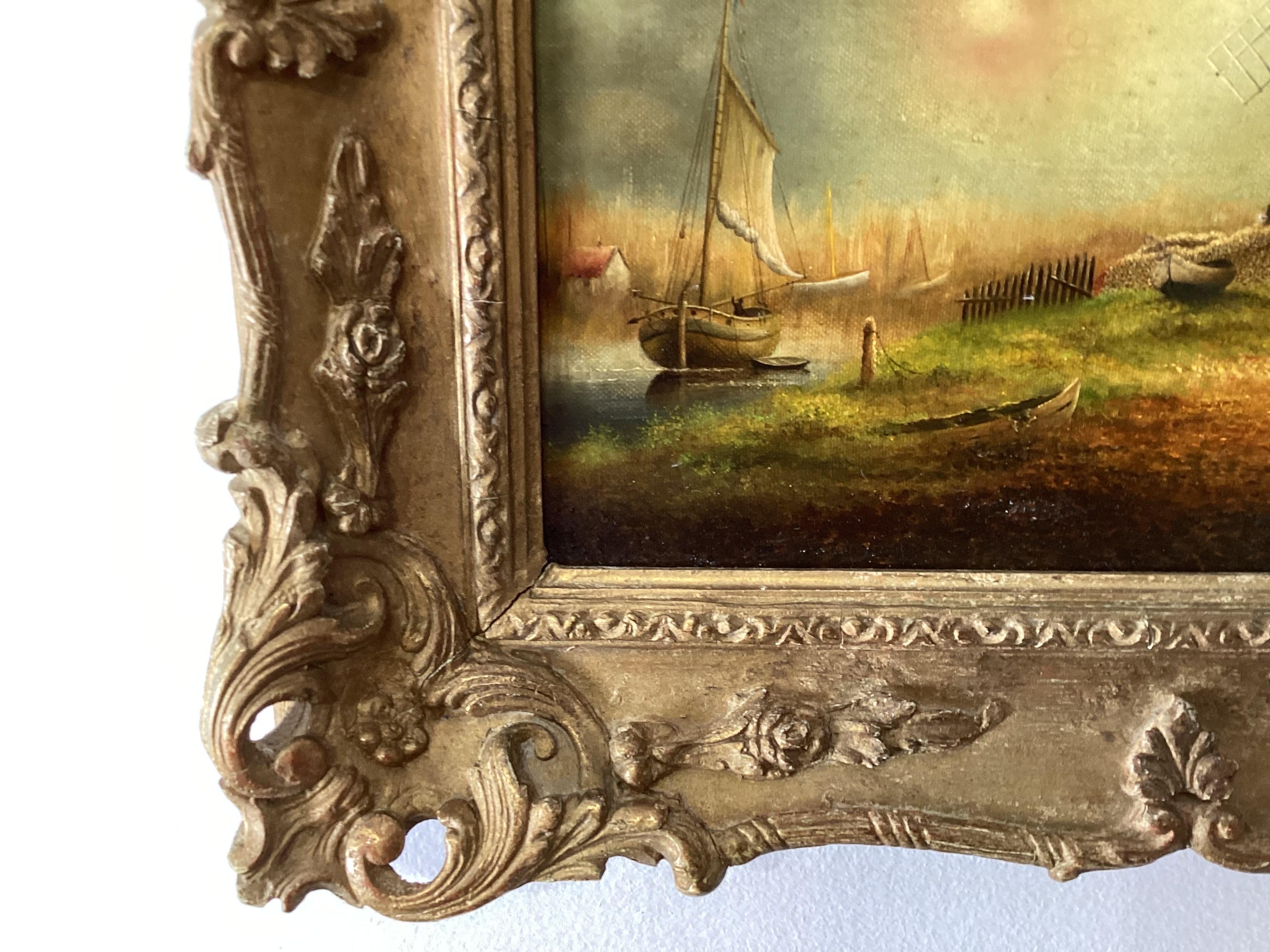 Oil Painting, Dutch School (20th Century) Oil on Board. A coastal scene with boat, windmill and figure, initialed at the lower right.  The signature, illegible, framed in a beautiful original gilt wood frame.  14 inches wide, 12 inches tall, the