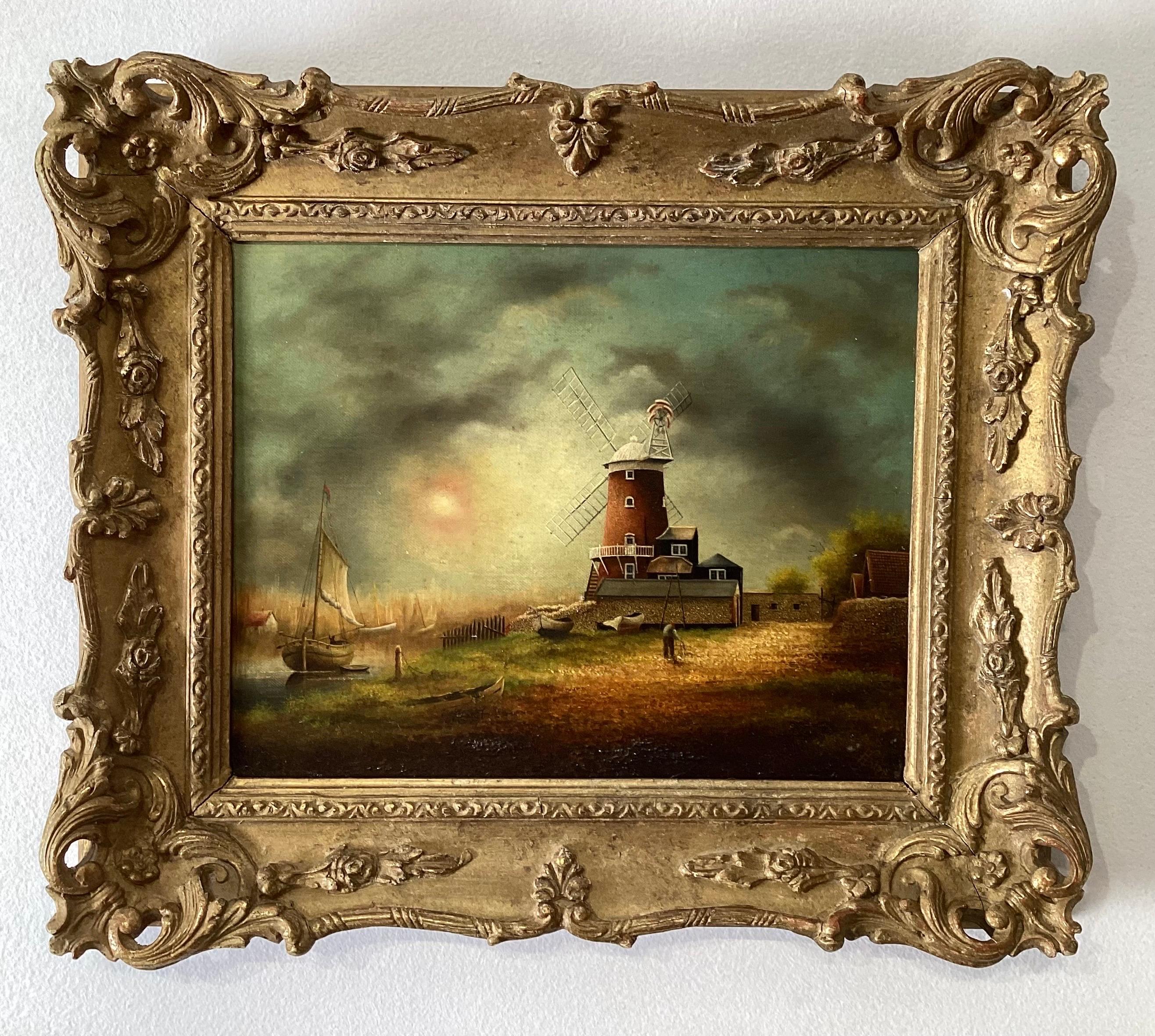 Early 20th Century Charming Dutch School, Oil Painting On Board COastal Scene with Windmill For Sale