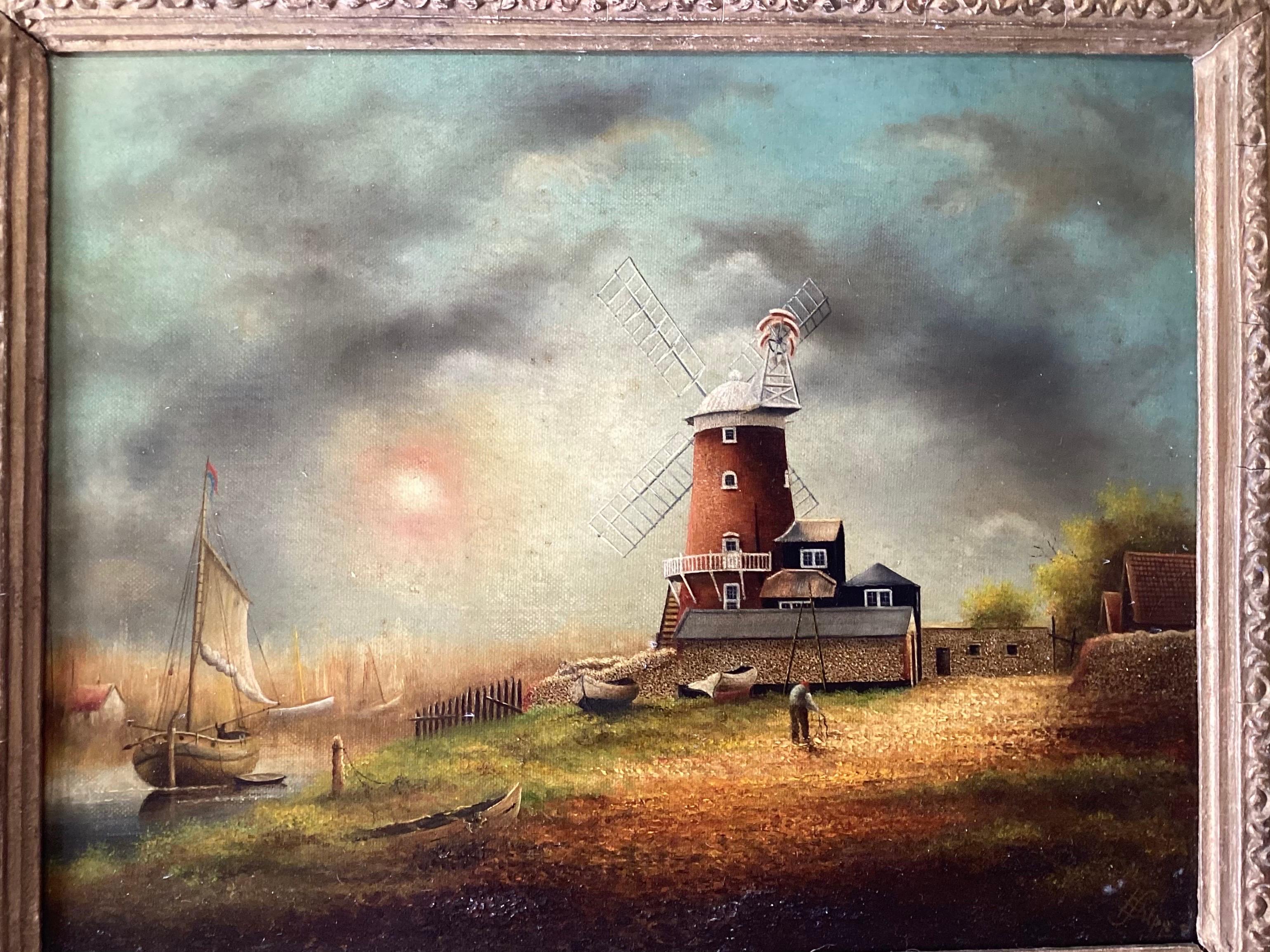 Giltwood Charming Dutch School, Oil Painting On Board COastal Scene with Windmill For Sale