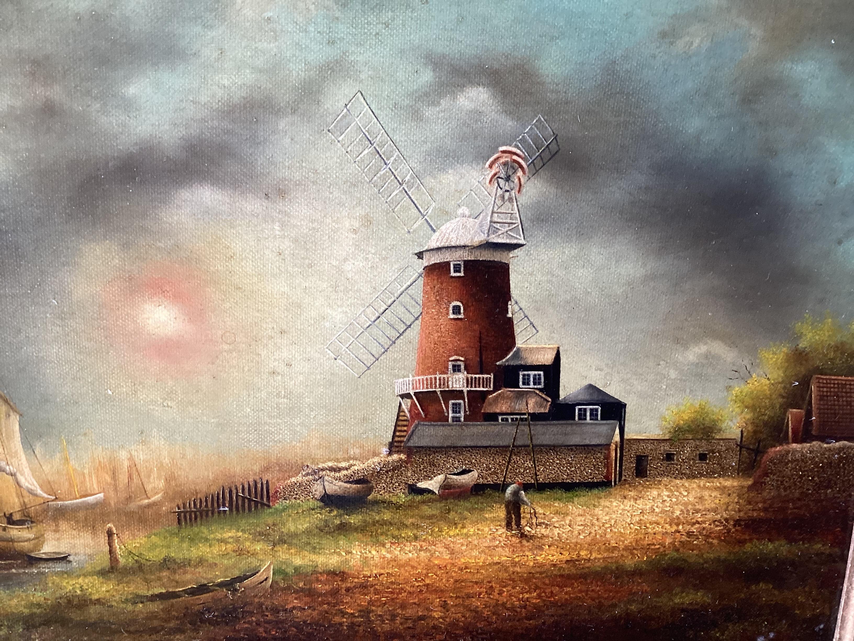 Charming Dutch School, Oil Painting On Board COastal Scene with Windmill For Sale 1
