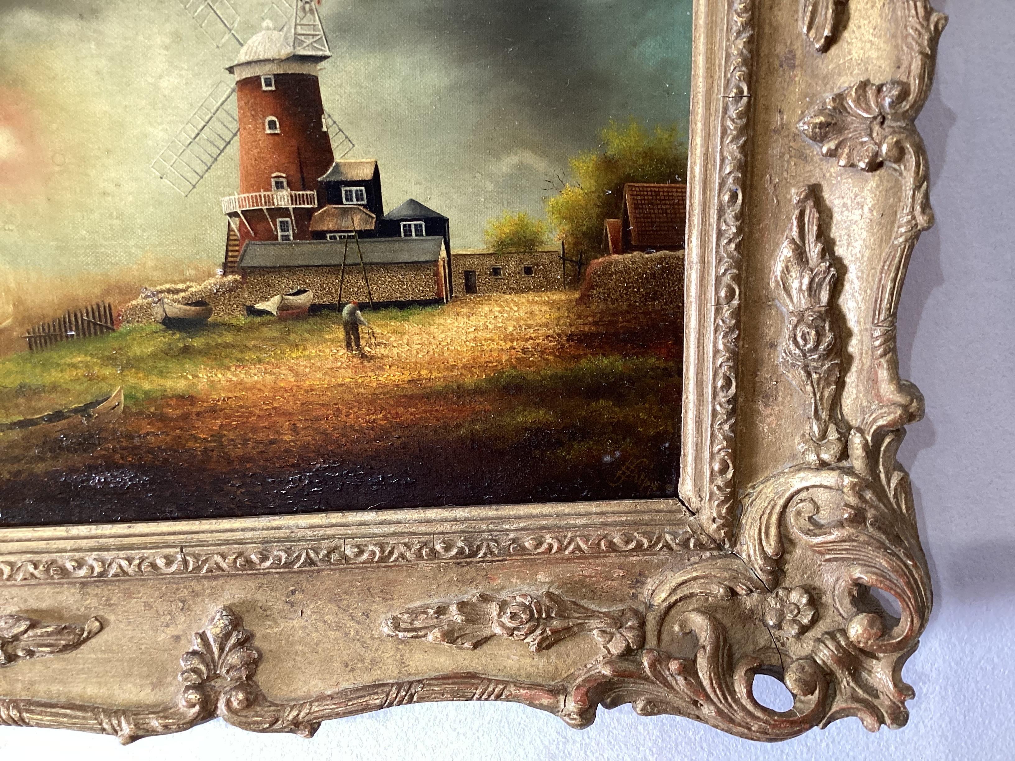 Charming Dutch School, Oil Painting On Board COastal Scene with Windmill For Sale 2