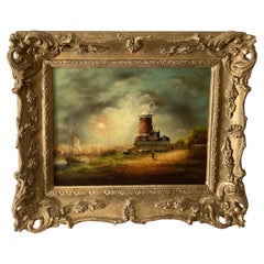 Charming Dutch School, Oil Painting On Board COastal Scene with Windmill