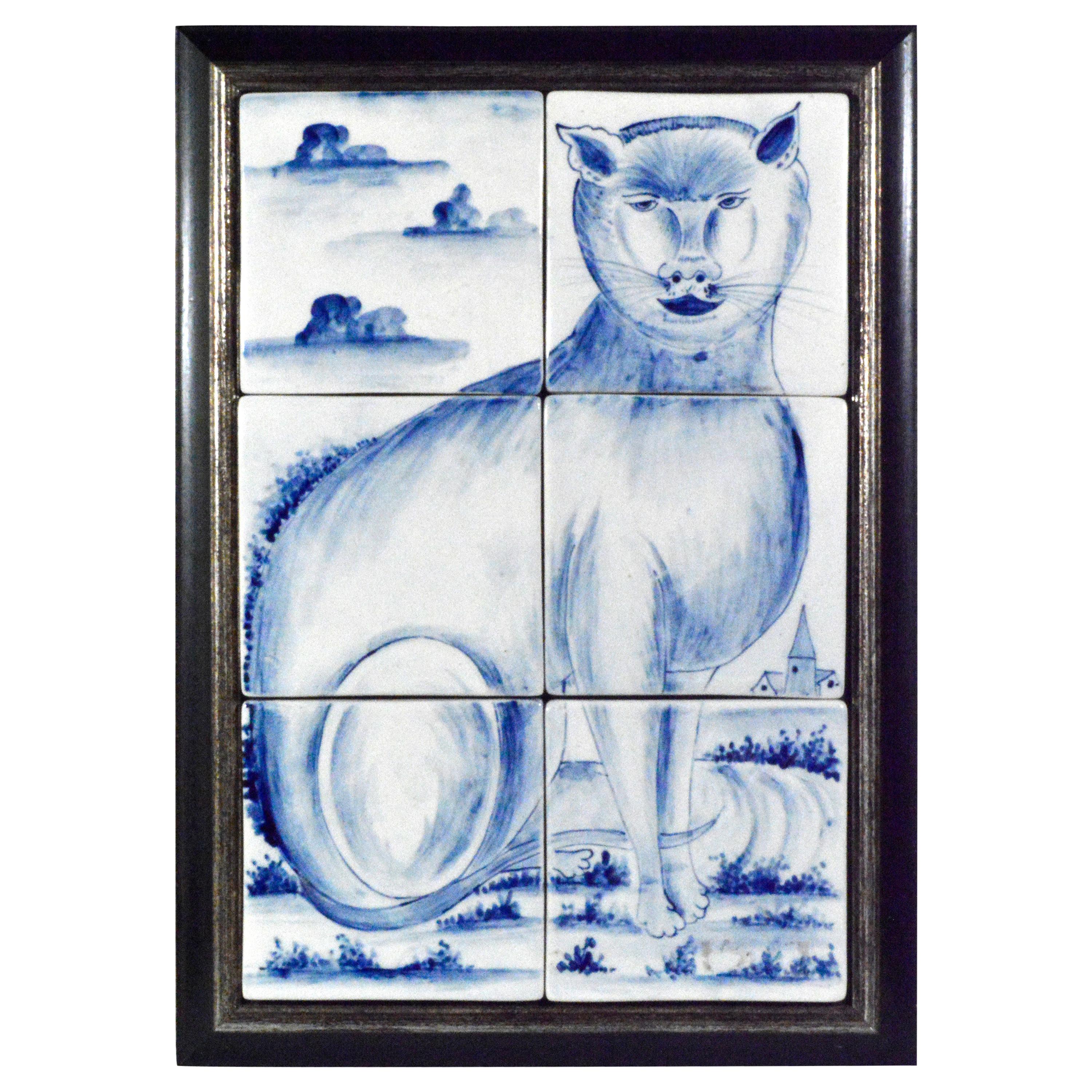 Charmantes holländisches Zinnglasiertes Steingutfliesenbild einer Katze