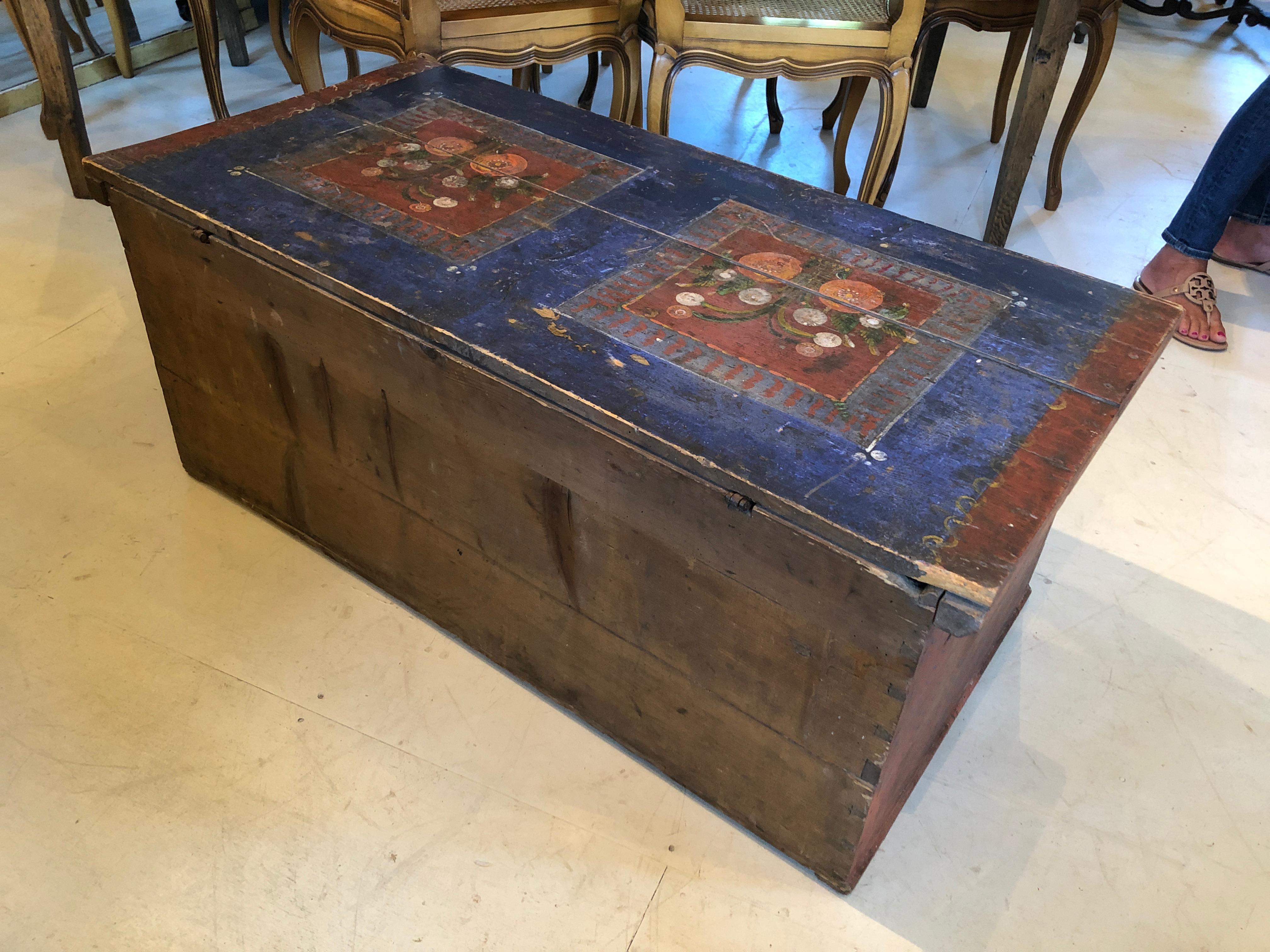 Charming Early Hand Painted Swedish Trunk Chest or Coffee Table 4