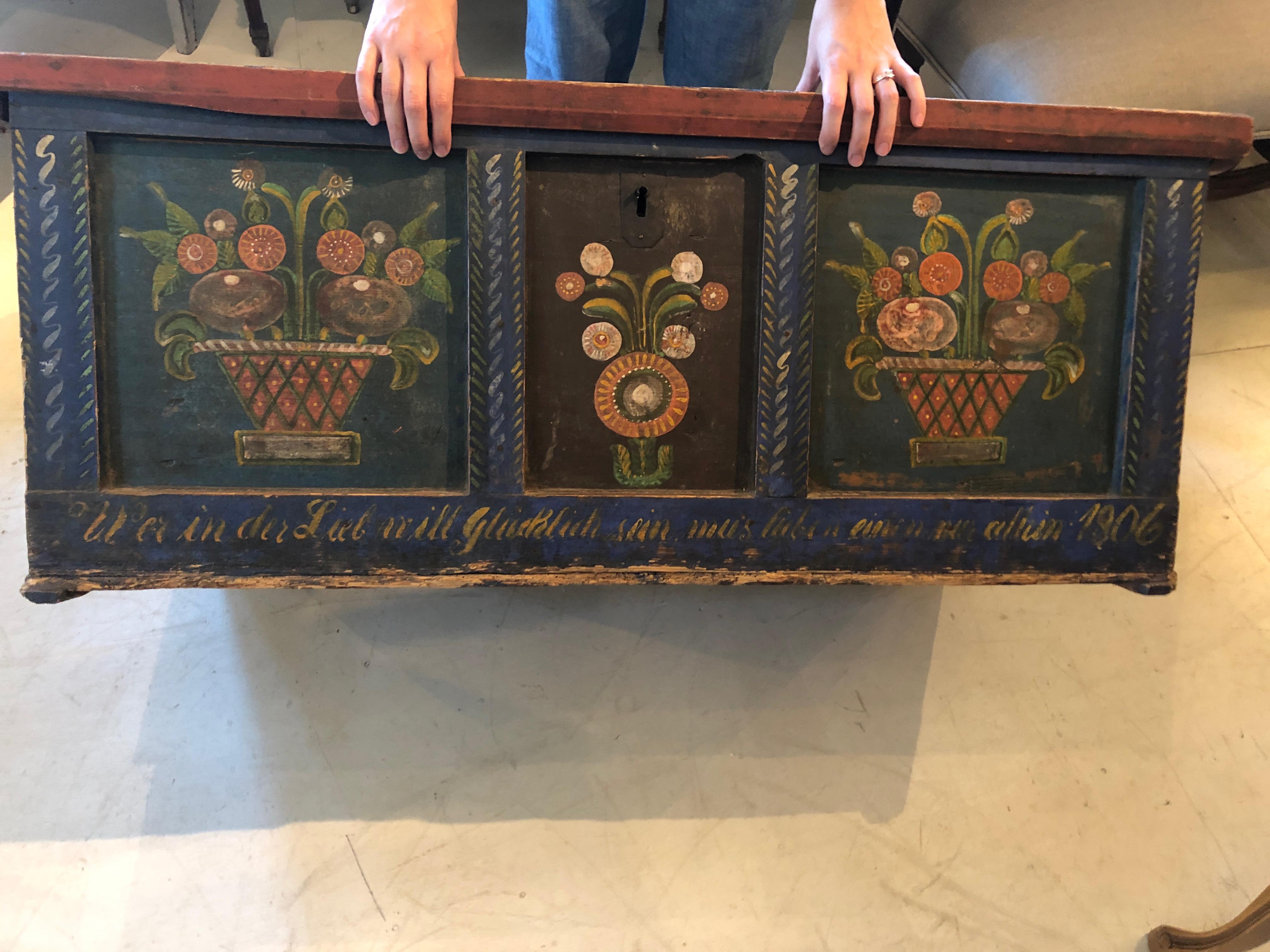 Charming Early Hand Painted Swedish Trunk Chest or Coffee Table 8