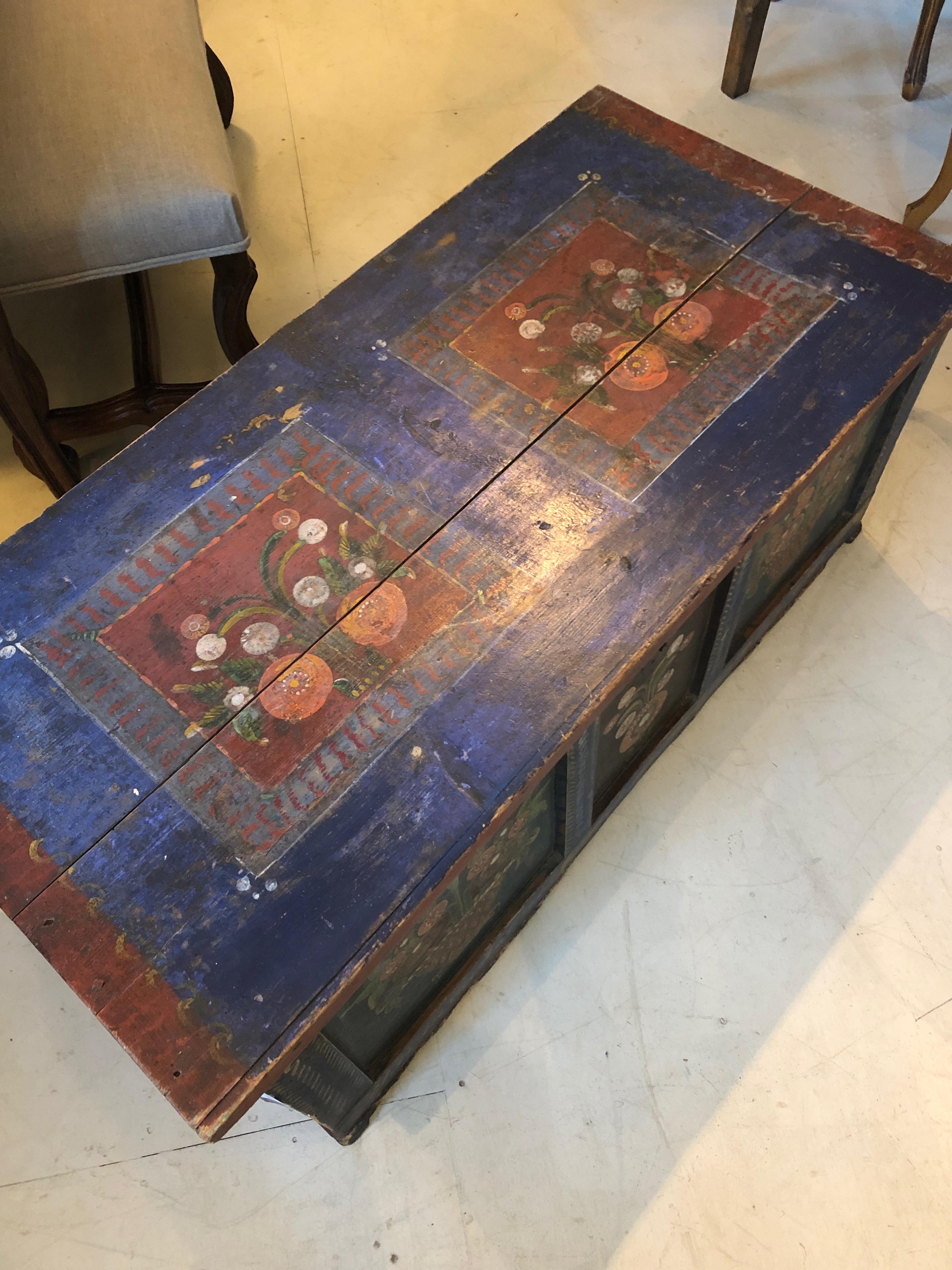 Folk Art Charming Early Hand Painted Swedish Trunk Chest or Coffee Table