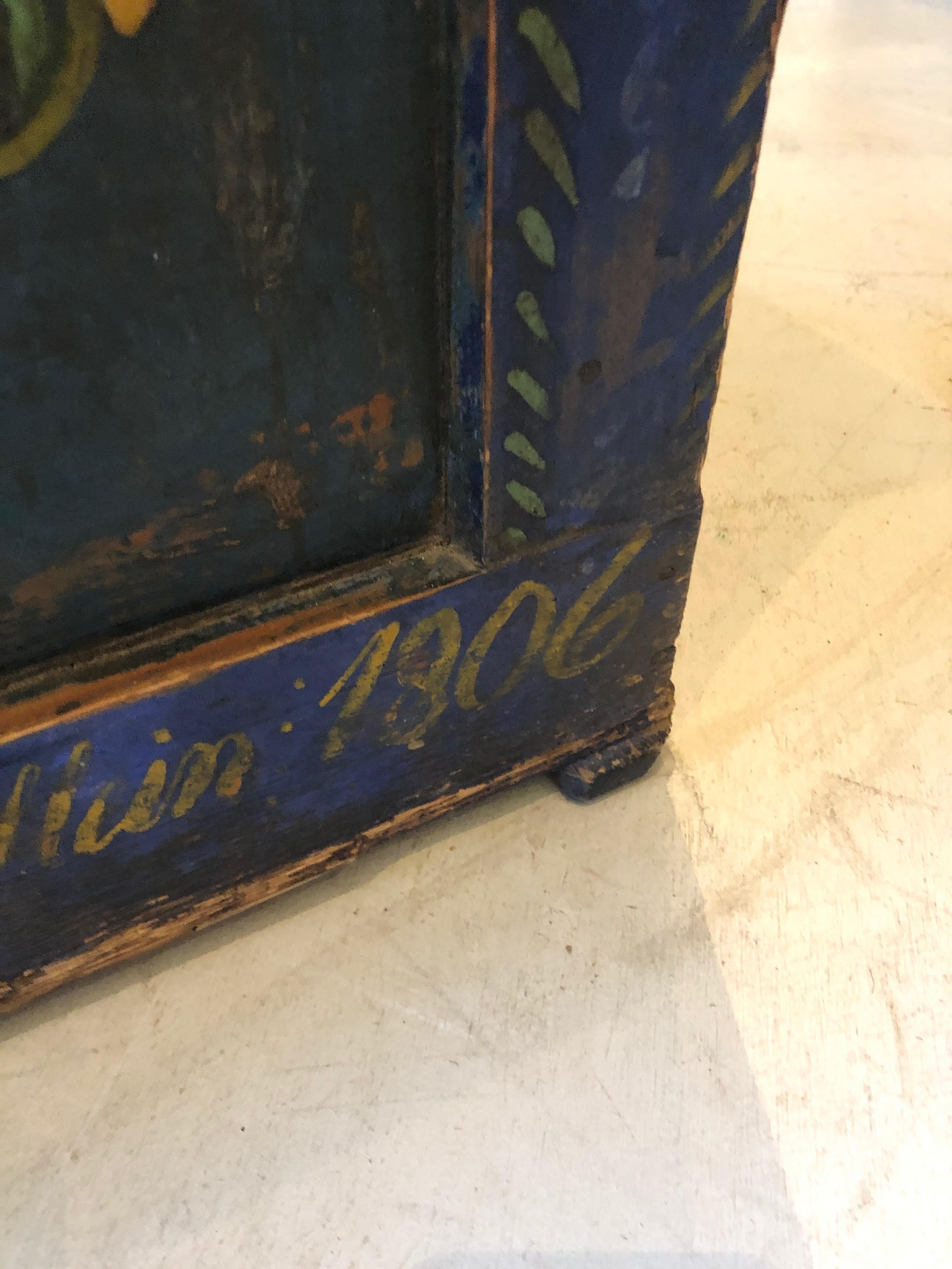 Wood Charming Early Hand Painted Swedish Trunk Chest or Coffee Table
