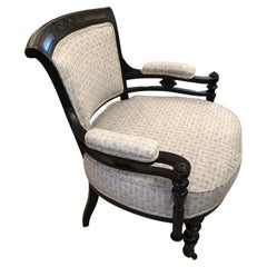 Charming Ebonized Victorian Armchair Newly Upholstered in Light Blue