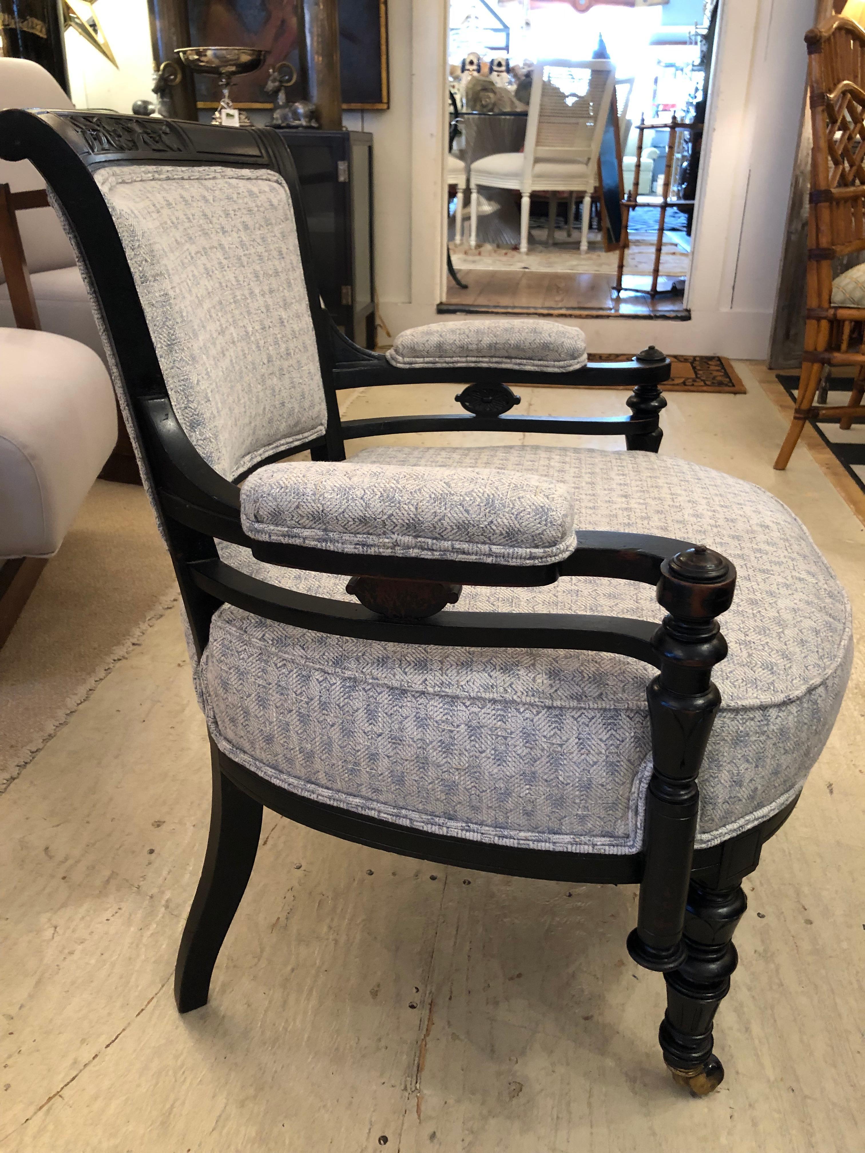 Charming Ebonized Victorian Armchair Newly Upholstered in Light Blue  In Good Condition For Sale In Hopewell, NJ