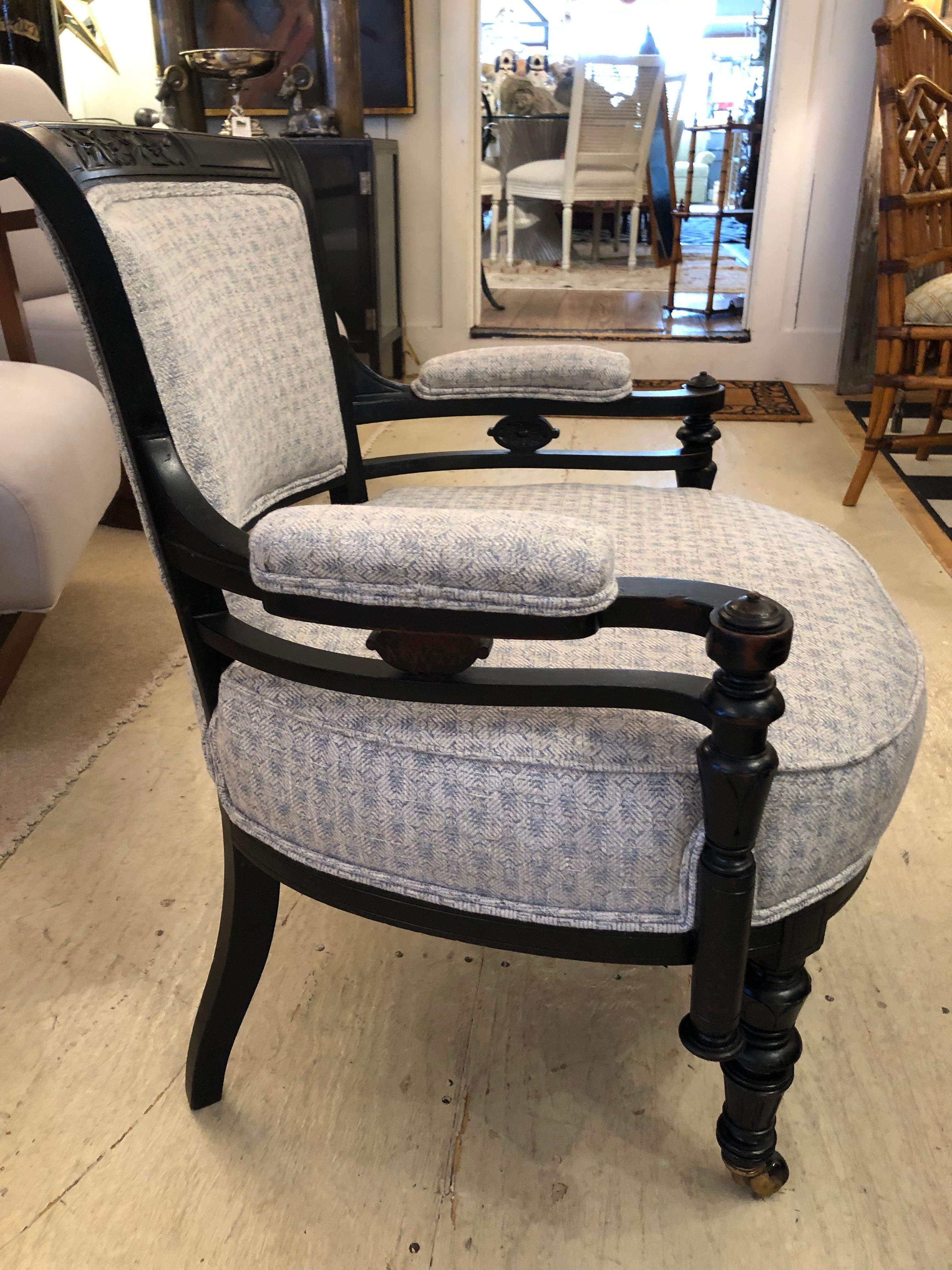 Early 20th Century Charming Ebonized Victorian Armchair Newly Upholstered in Light Blue  For Sale