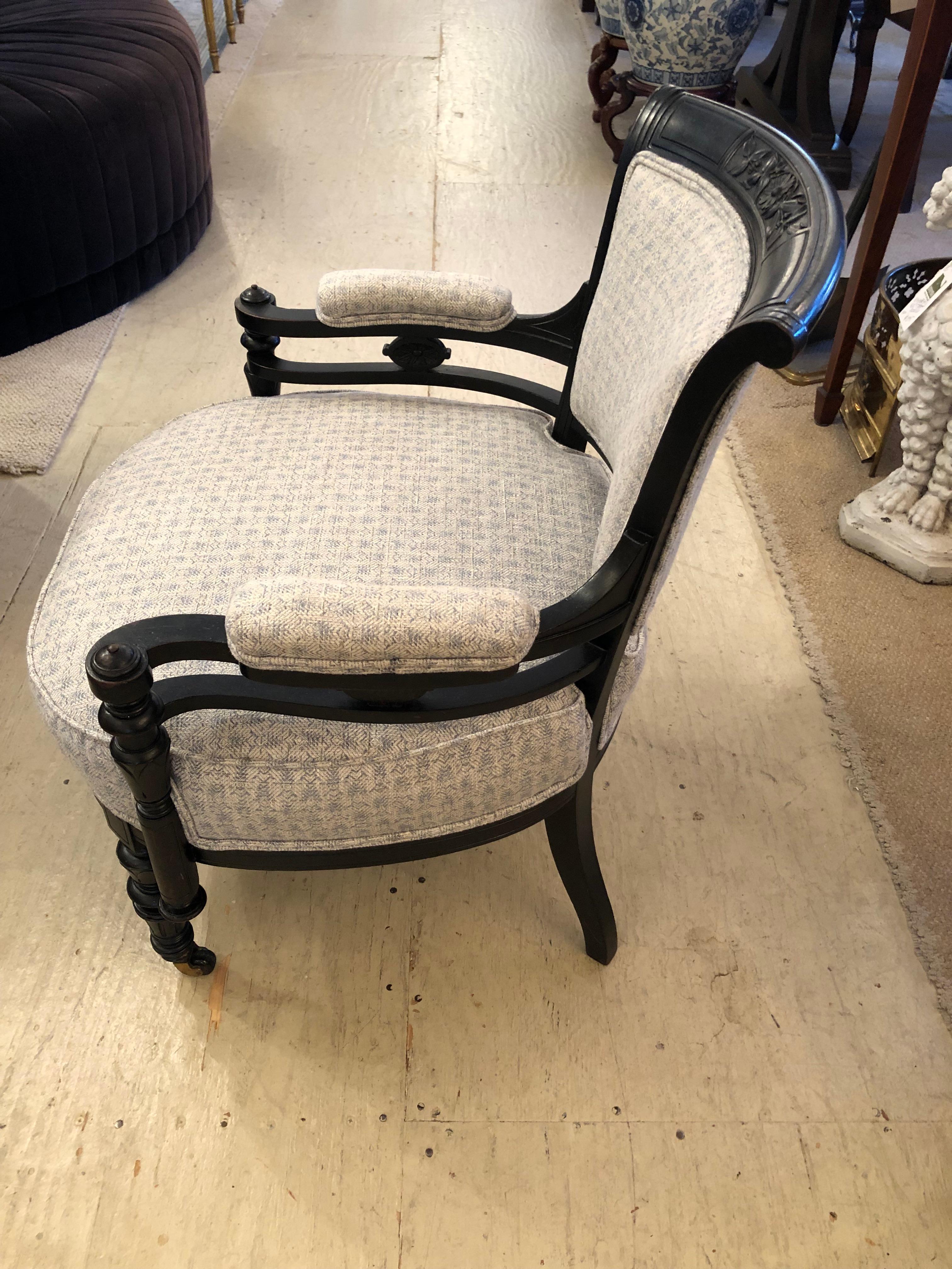 Charming Ebonized Victorian Armchair Newly Upholstered in Light Blue  For Sale 2