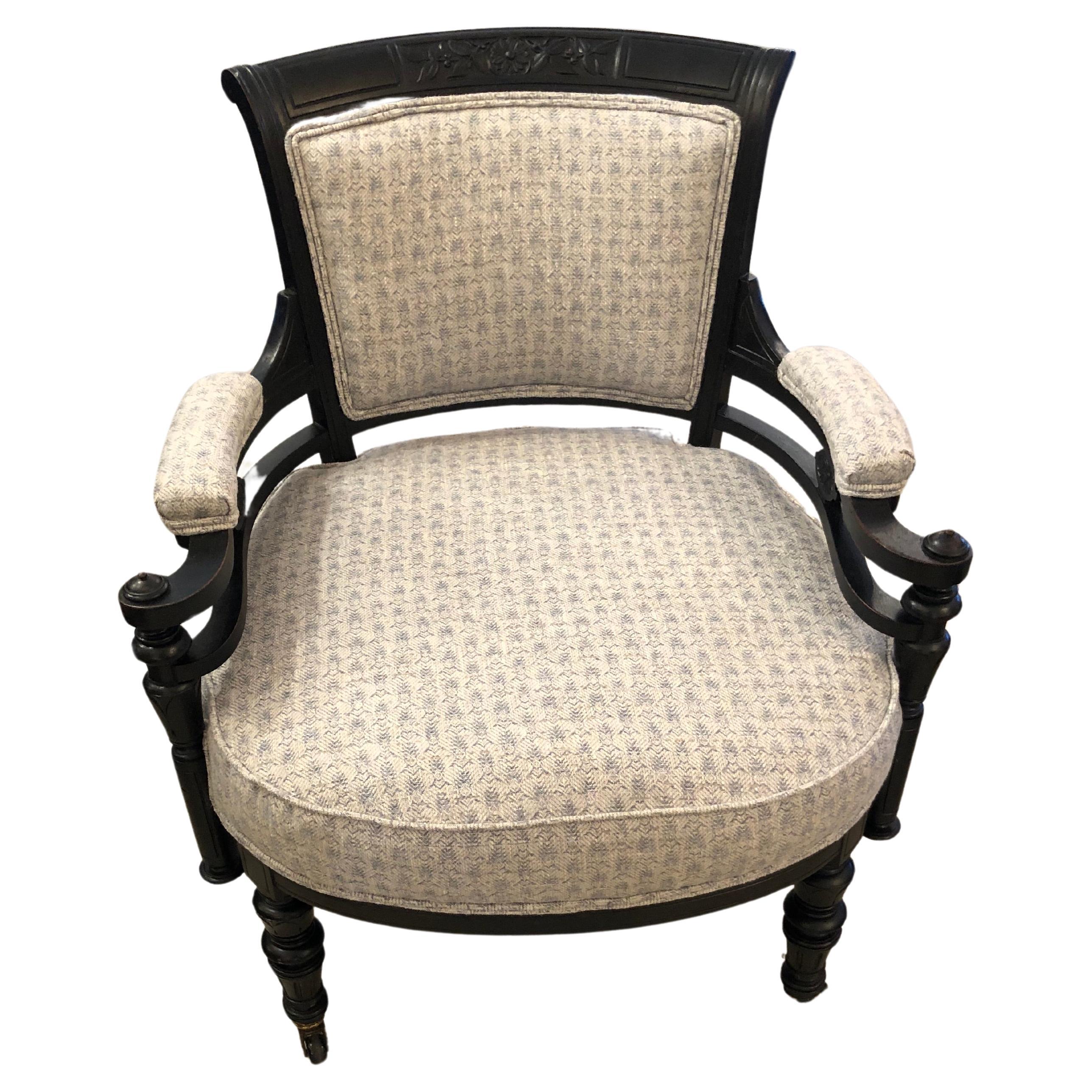 Charming Ebonized Victorian Armchair Newly Upholstered in Light Blue  For Sale