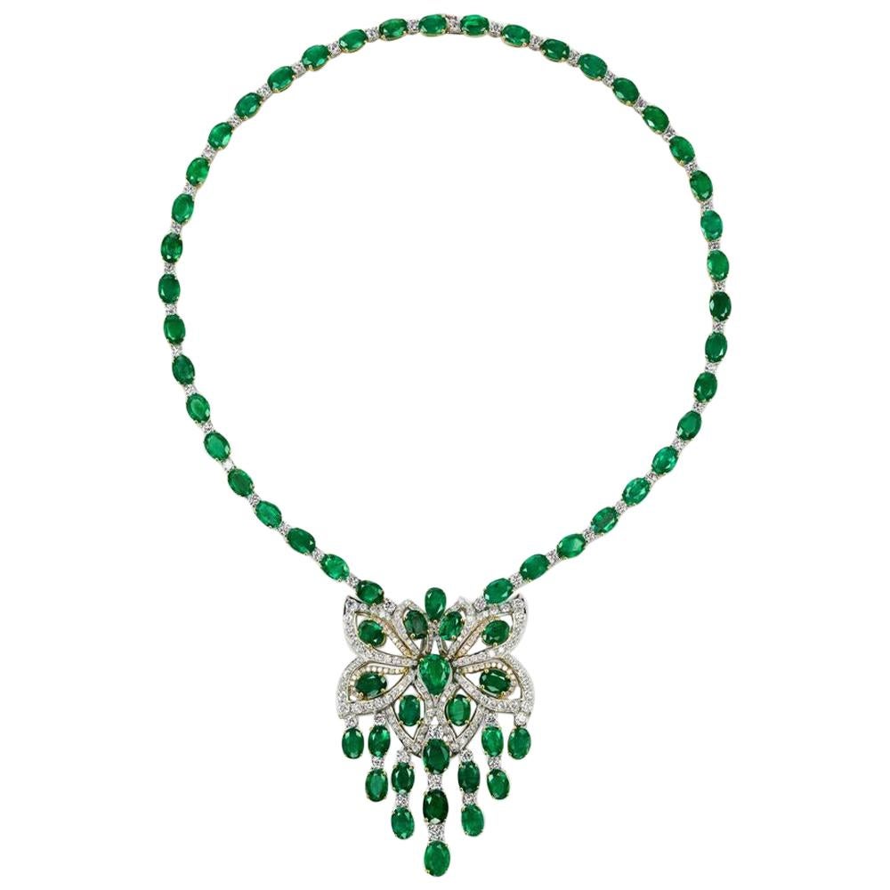 Charming Emerald And Diamond Necklace In 18K Yellow / White Gold