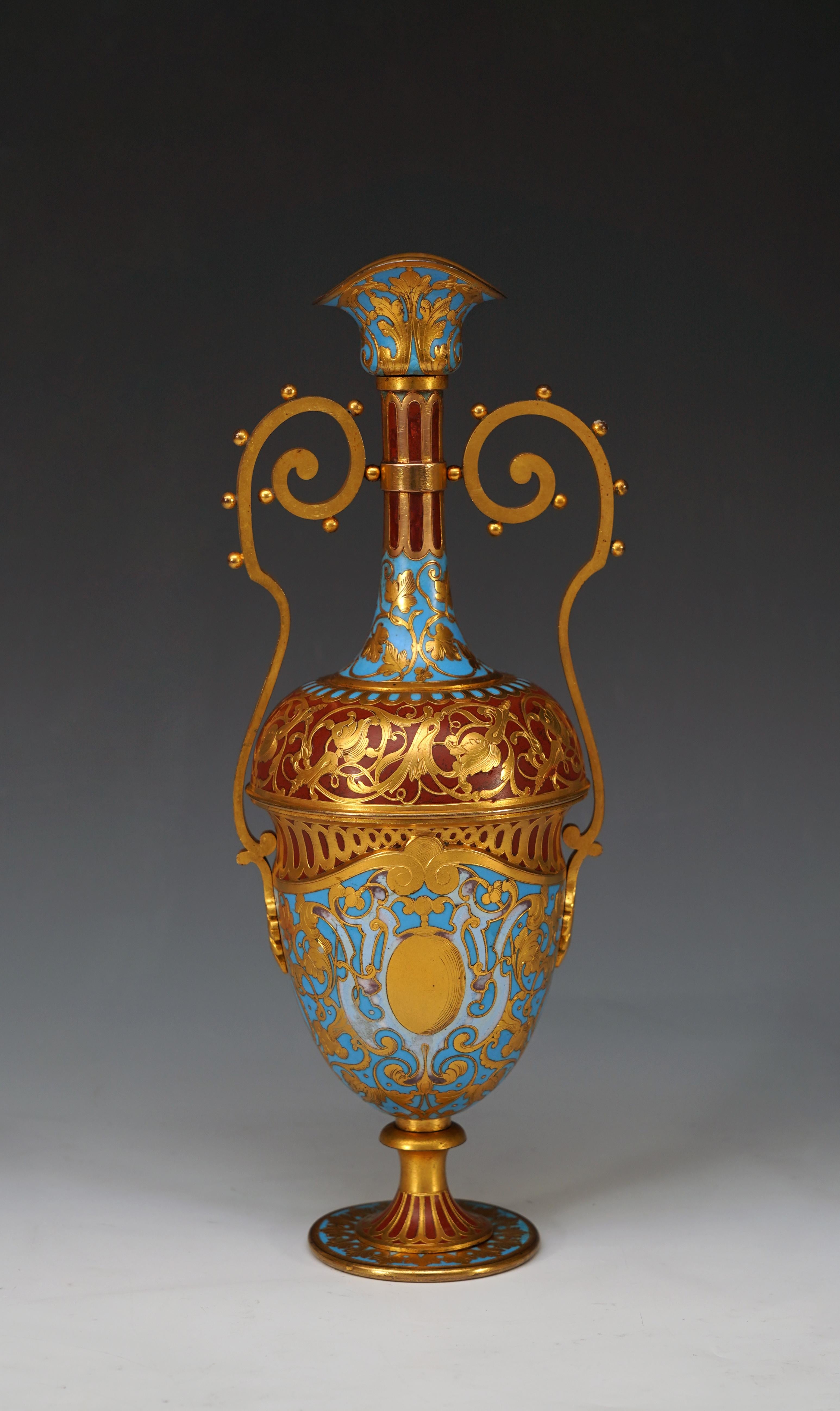 Napoleon III Charming enamel and gilded Bronze Ewer by F. Barbedienne, France, circa 1870 For Sale