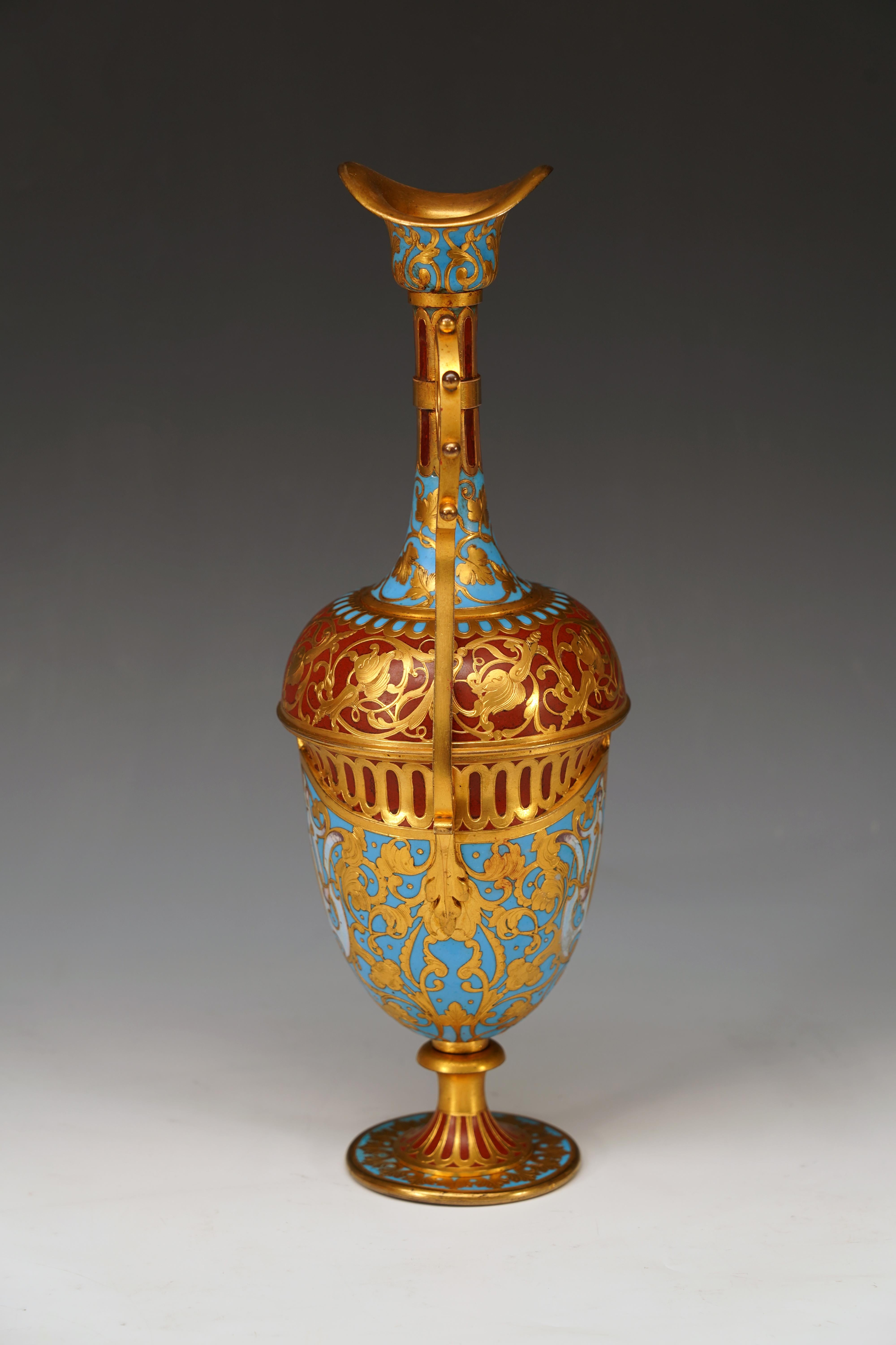 French Charming enamel and gilded Bronze Ewer by F. Barbedienne, France, circa 1870 For Sale