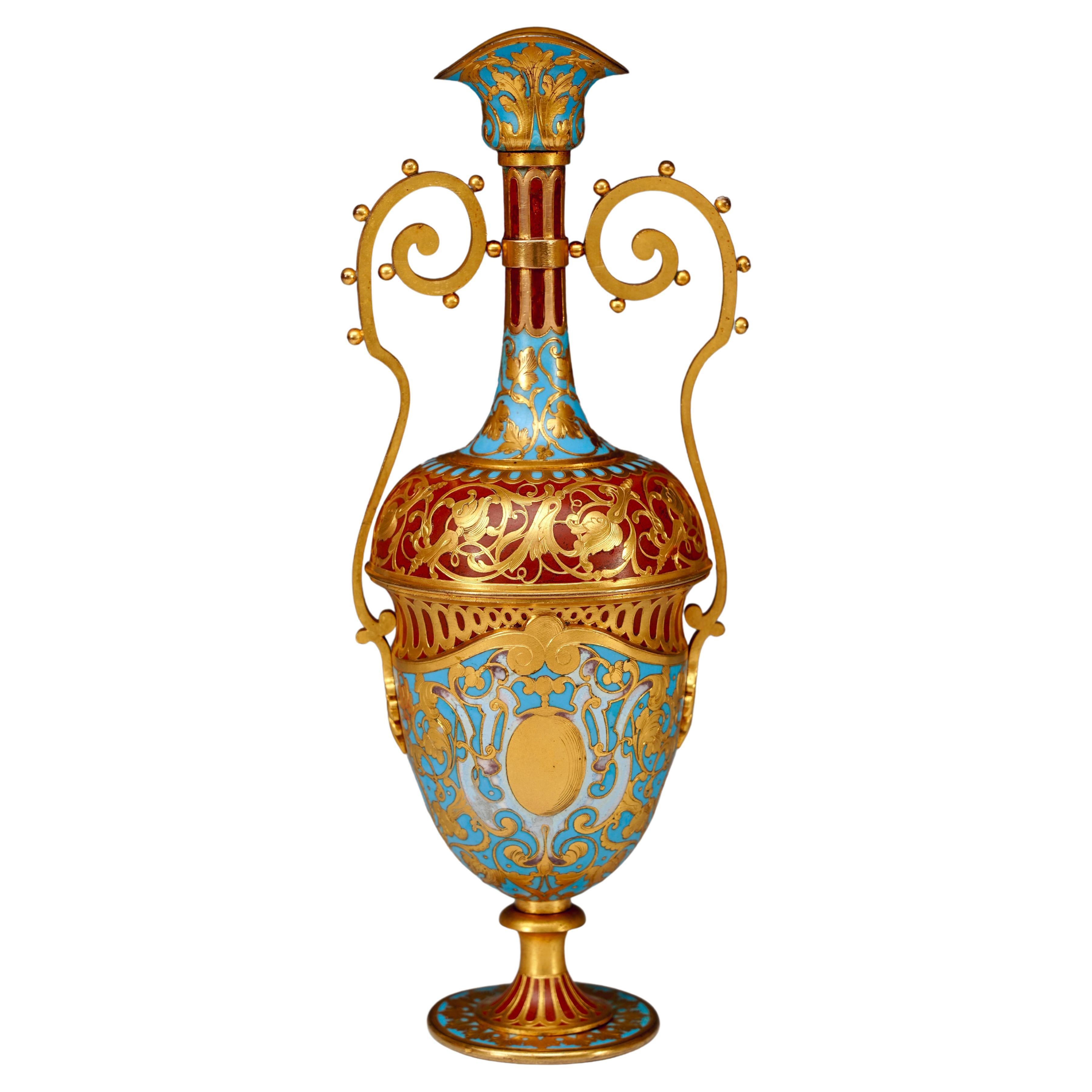 Charming enamel and gilded Bronze Ewer by F. Barbedienne, France, circa 1870 For Sale