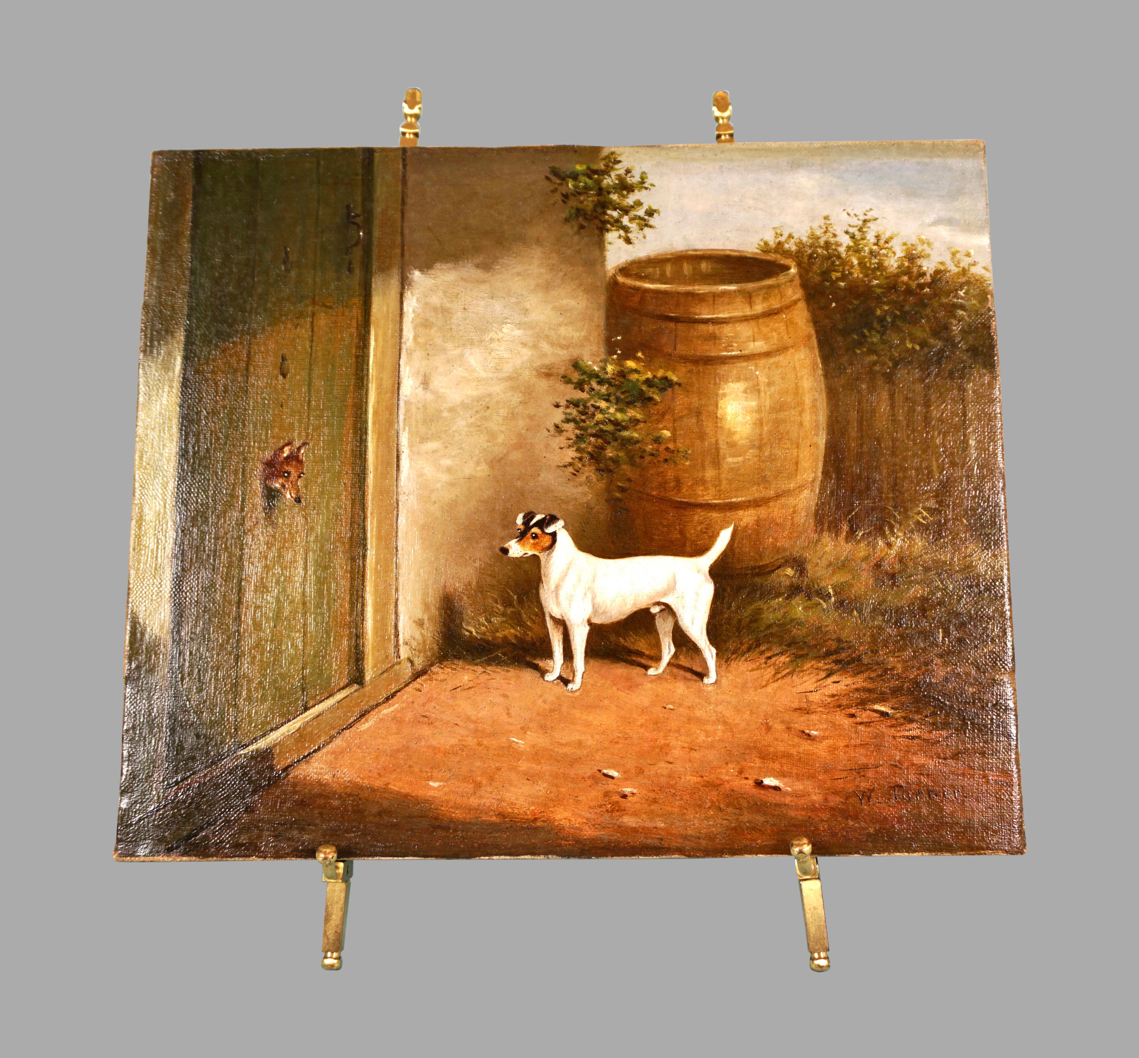 A charming, bright and well-executed oil on canvas depicting a Jack Russell terrier in a bucolic setting, the sturdy dog appearing to eyeball the sly fox hiding in a hole in the front door of rustic building. A nice example of English provincial